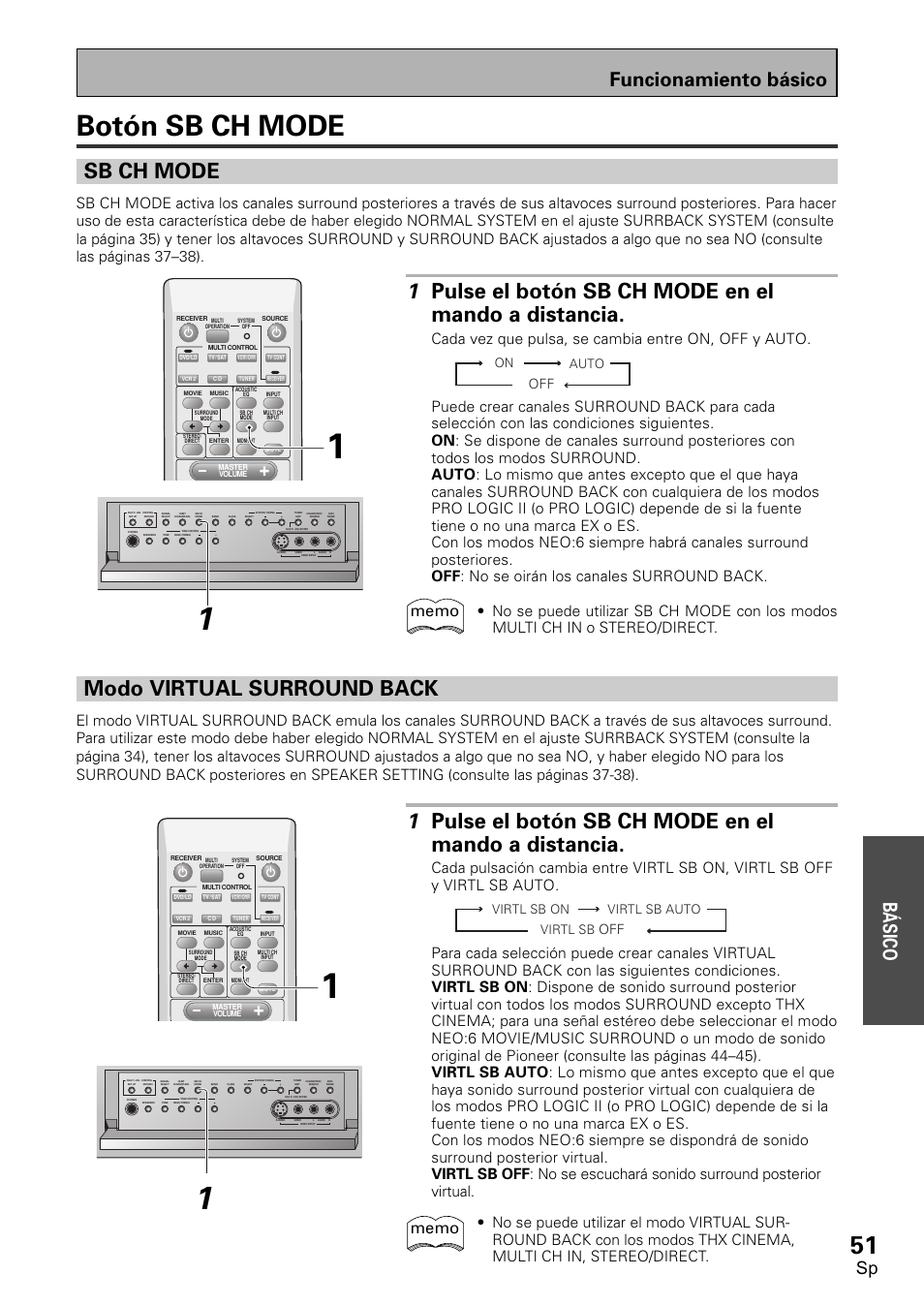 Botón sb ch mode, Sb ch mode modo virtual surround back, Sb ch mode | Modo virtual surround back, Funcionamiento básico b á sico, On auto virtl sb, Virtl sb on virtl sb auto | Pioneer VSX-D1011-S User Manual | Page 51 / 108