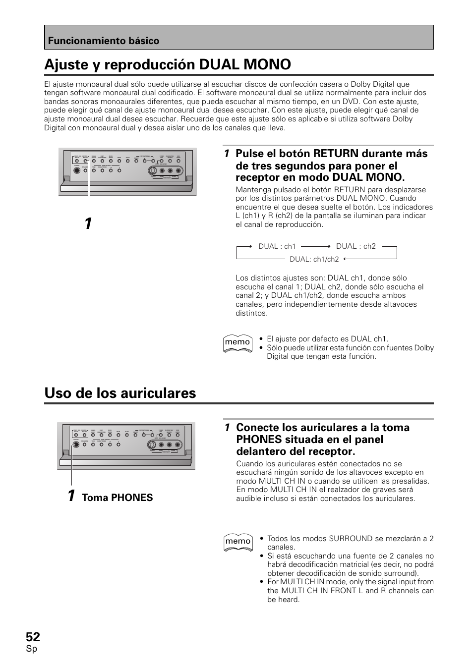 Ajuste y reproducción dual mono, Uso de los auriculares, Funcionamiento básico | Toma phones, Dual : ch1 dual: ch1/ch2 | Pioneer VSX-D1011-S User Manual | Page 52 / 108
