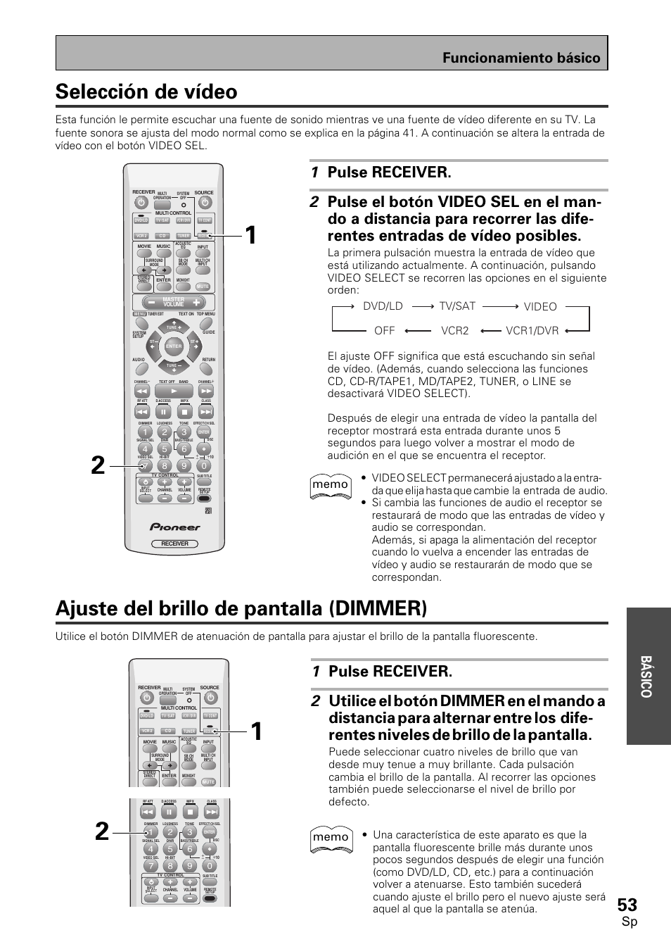 Selección de vídeo, Ajuste del brillo de pantalla (dimmer), Funcionamiento básico b á sico | Dvd/ld tv/sat off vcr2 video vcr1/dvr | Pioneer VSX-D1011-S User Manual | Page 53 / 108