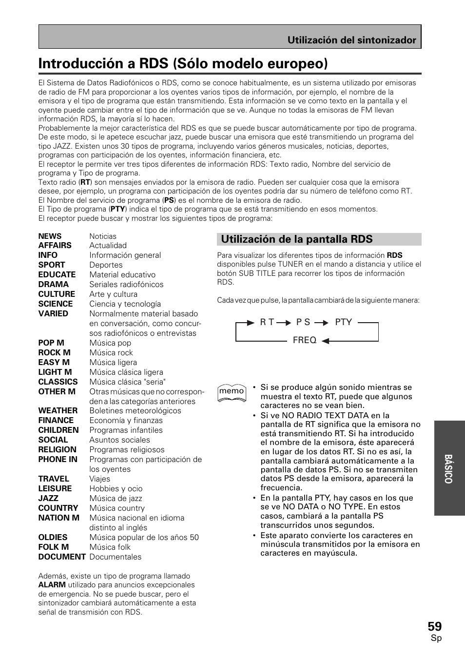 Introducción a rds (sólo modelo europeo), Utilización de la pantalla rds | Pioneer VSX-D1011-S User Manual | Page 59 / 108