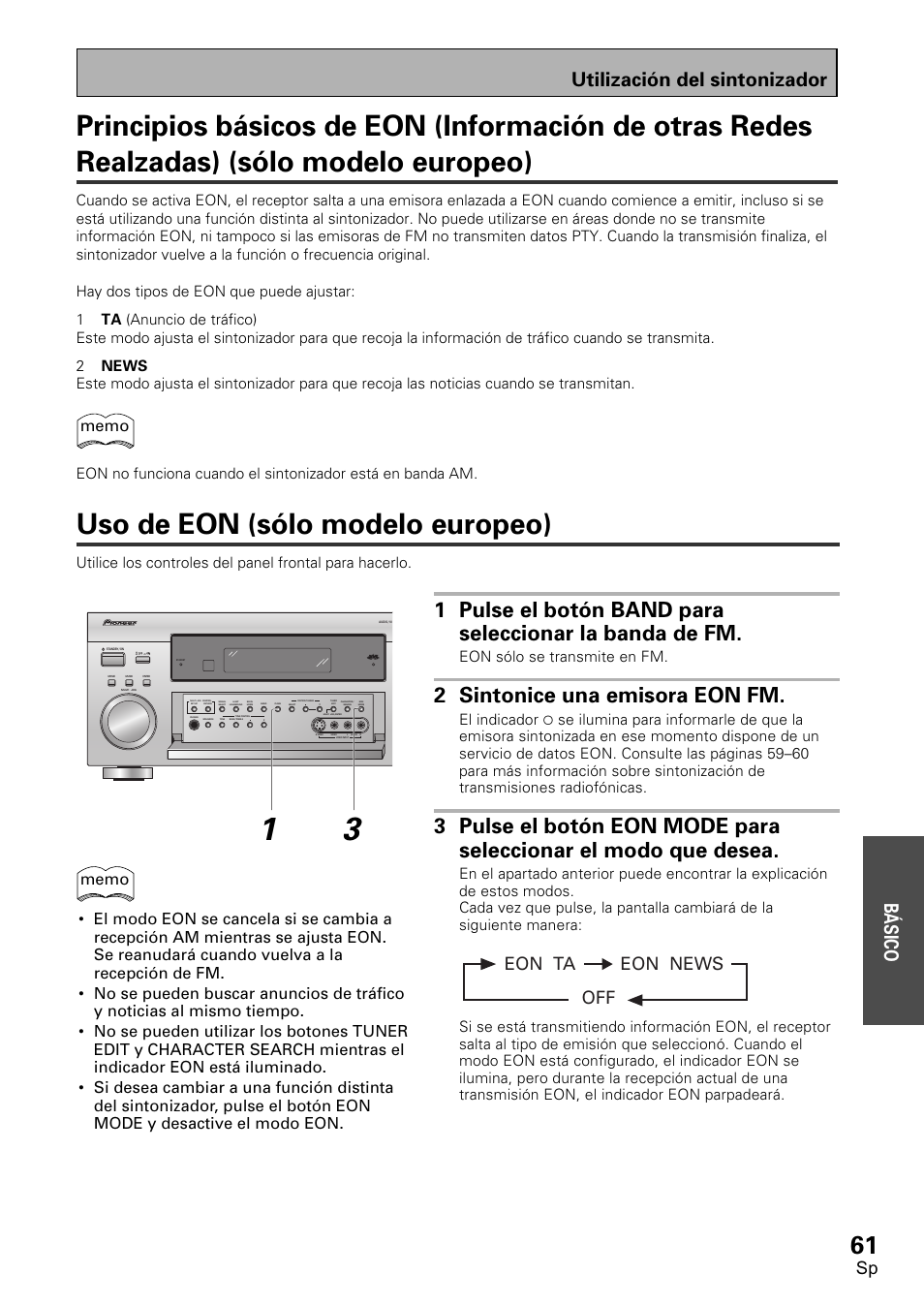 Uso de eon (sólo modelo europeo), 2 sintonice una emisora eon fm, Utilización del sintonizador | Bá sico, Eon news off eon ta, Eon sólo se transmite en fm | Pioneer VSX-D1011-S User Manual | Page 61 / 108