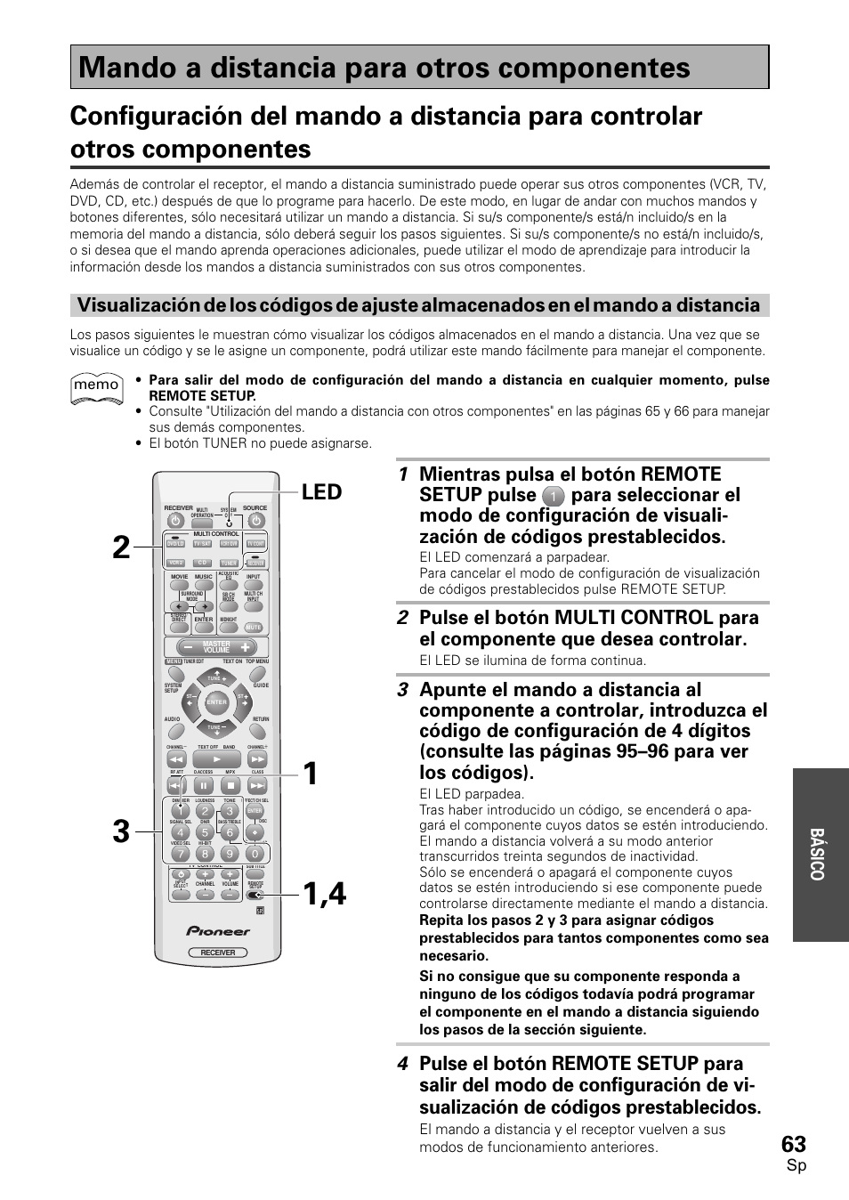Mando a distancia para otros componentes, Configuración del mando a distancia para controlar, Otros componentes | Visualización de los códigos de ajuste, Almacenados en el mando a distancia, Básico, El led se ilumina de forma continua | Pioneer VSX-D1011-S User Manual | Page 63 / 108