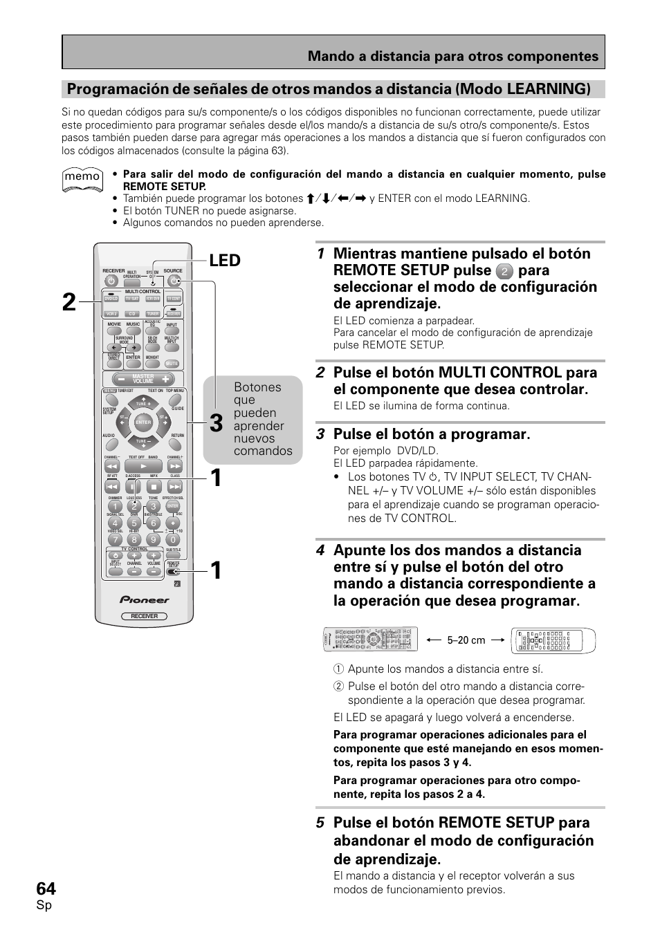 3 pulse el botón a programar, Mando a distancia para otros componentes, Botones que pueden aprender nuevos comandos | Pioneer VSX-D1011-S User Manual | Page 64 / 108