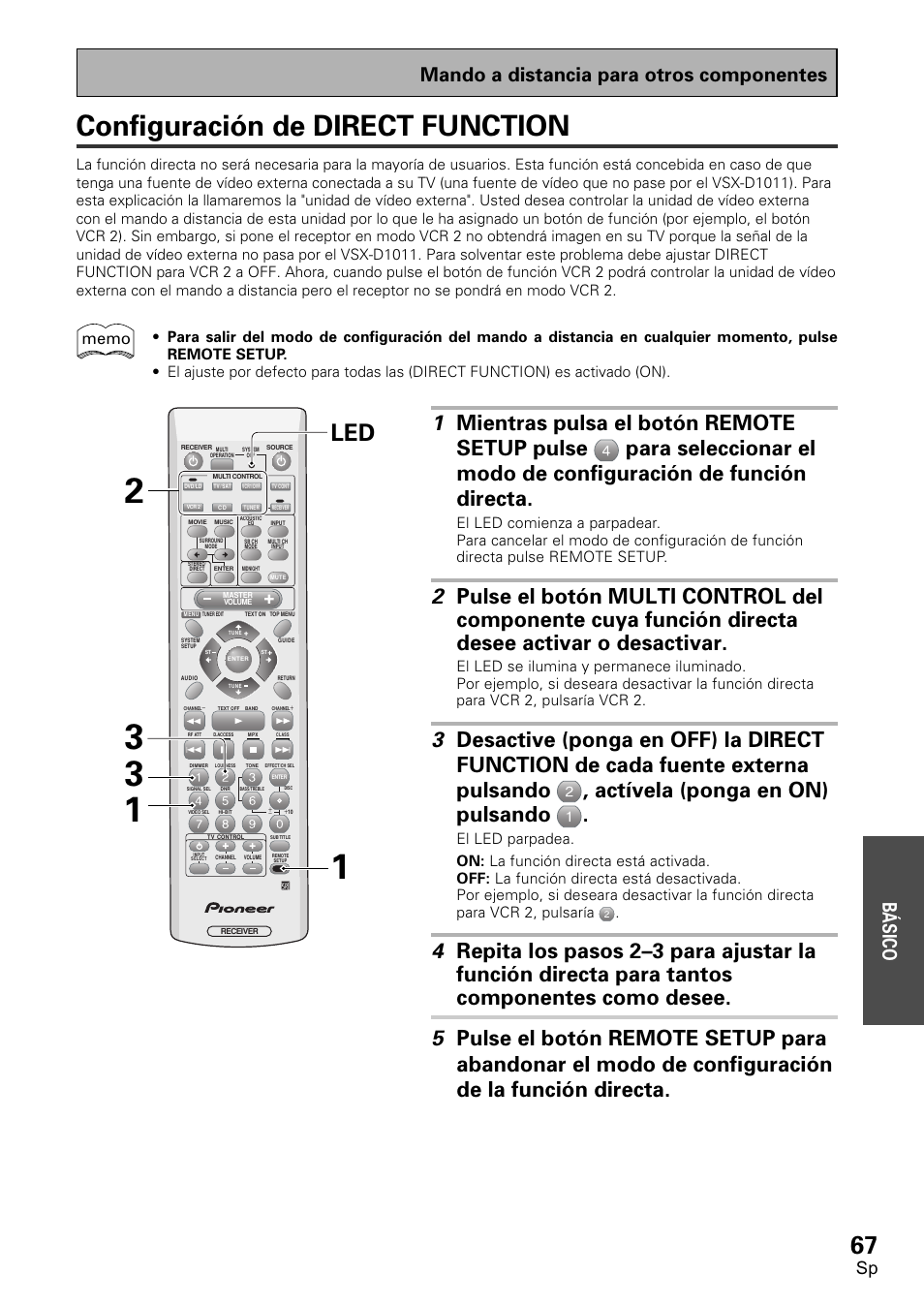 Configuración de direct function, Mando a distancia para otros componentes b á sico | Pioneer VSX-D1011-S User Manual | Page 67 / 108