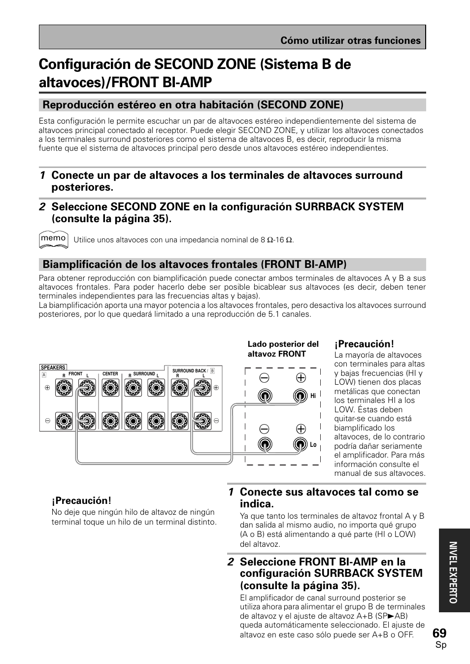 Configuración de second zone (sistema b de, Altavoces)/front bi-amp, Biamplificación de los altavoces frontales | Front bi-amp), 1 conecte sus altavoces tal como se indica, Cómo utilizar otras funciones nivel exper to, Precaución | Pioneer VSX-D1011-S User Manual | Page 69 / 108
