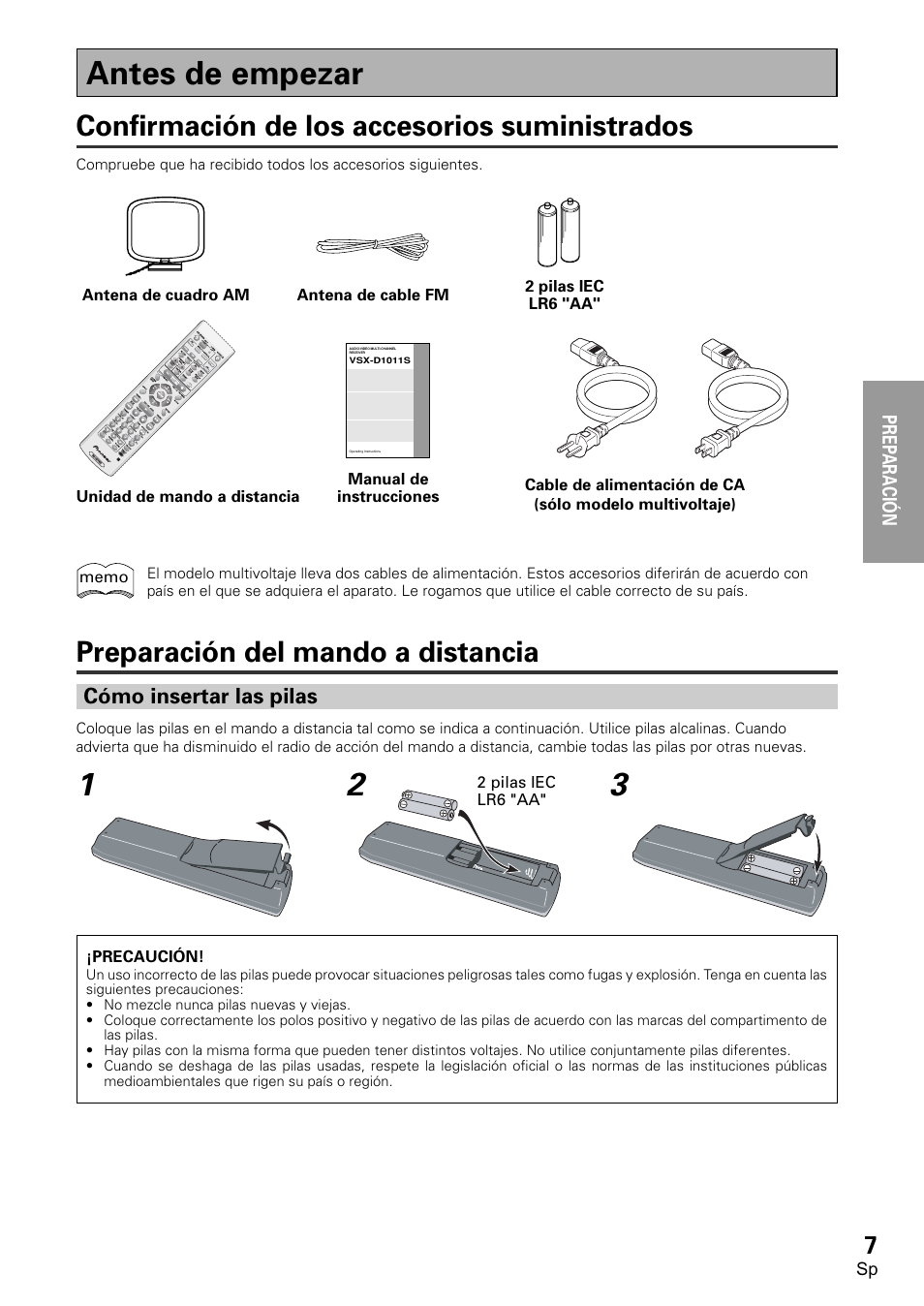 Antes de empezar, Cómo insertar las pilas, Confirmación de los accesorios suministrados | Preparación del mando a distancia | Pioneer VSX-D1011-S User Manual | Page 7 / 108