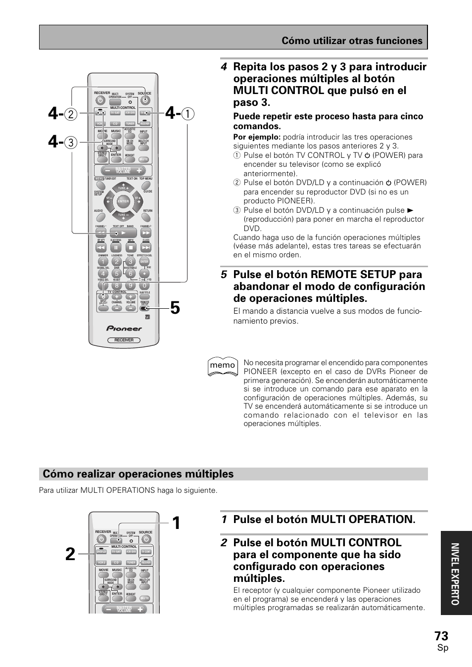 Cómo realizar operaciones múltiples, Cómo utilizar otras funciones nivel exper to, Para utilizar multi operations haga lo siguiente | Pioneer VSX-D1011-S User Manual | Page 73 / 108