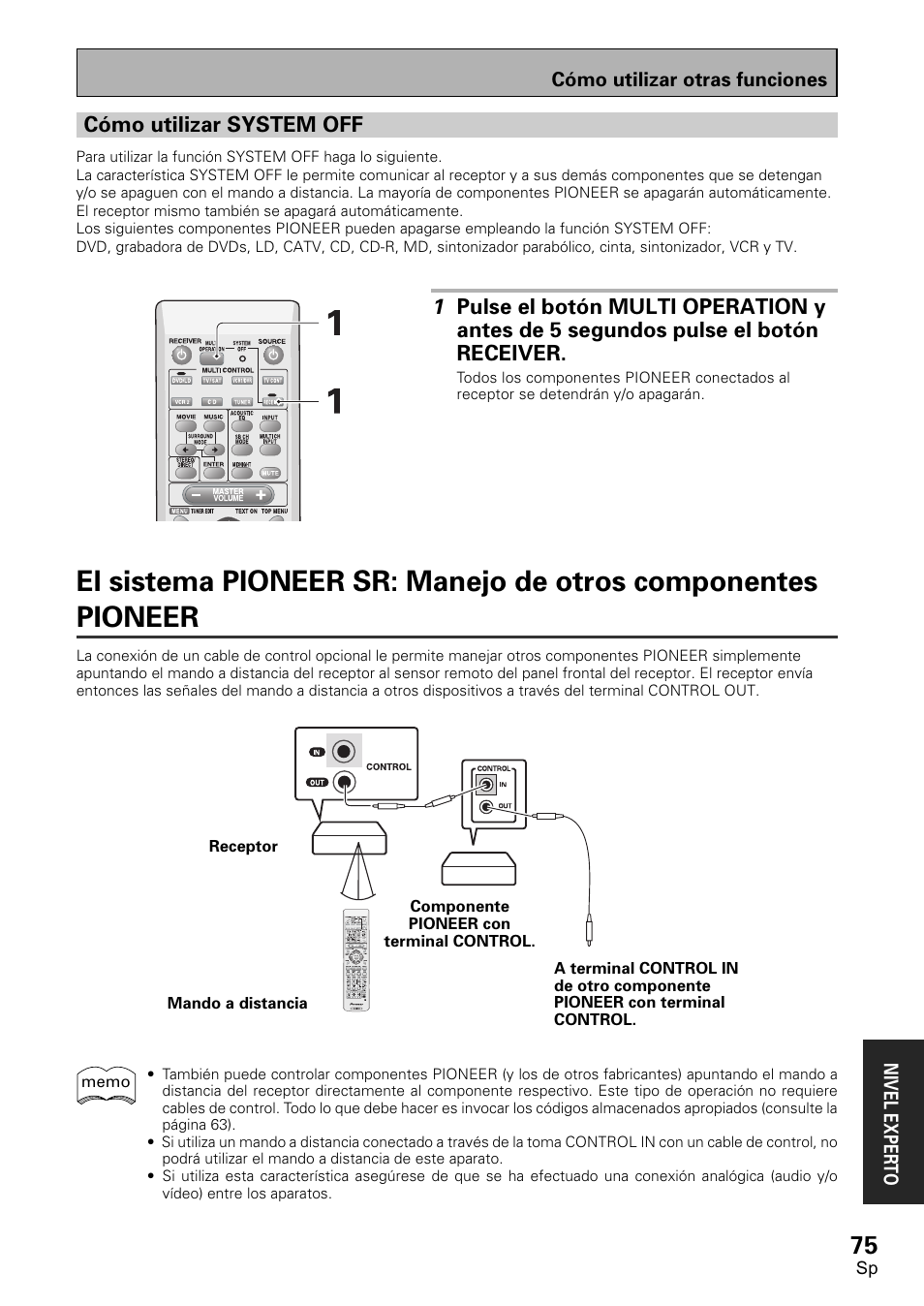 Cómo utilizar system off, El sistema pioneer sr: manejo de otros, Componentes pioneer | Pioneer VSX-D1011-S User Manual | Page 75 / 108
