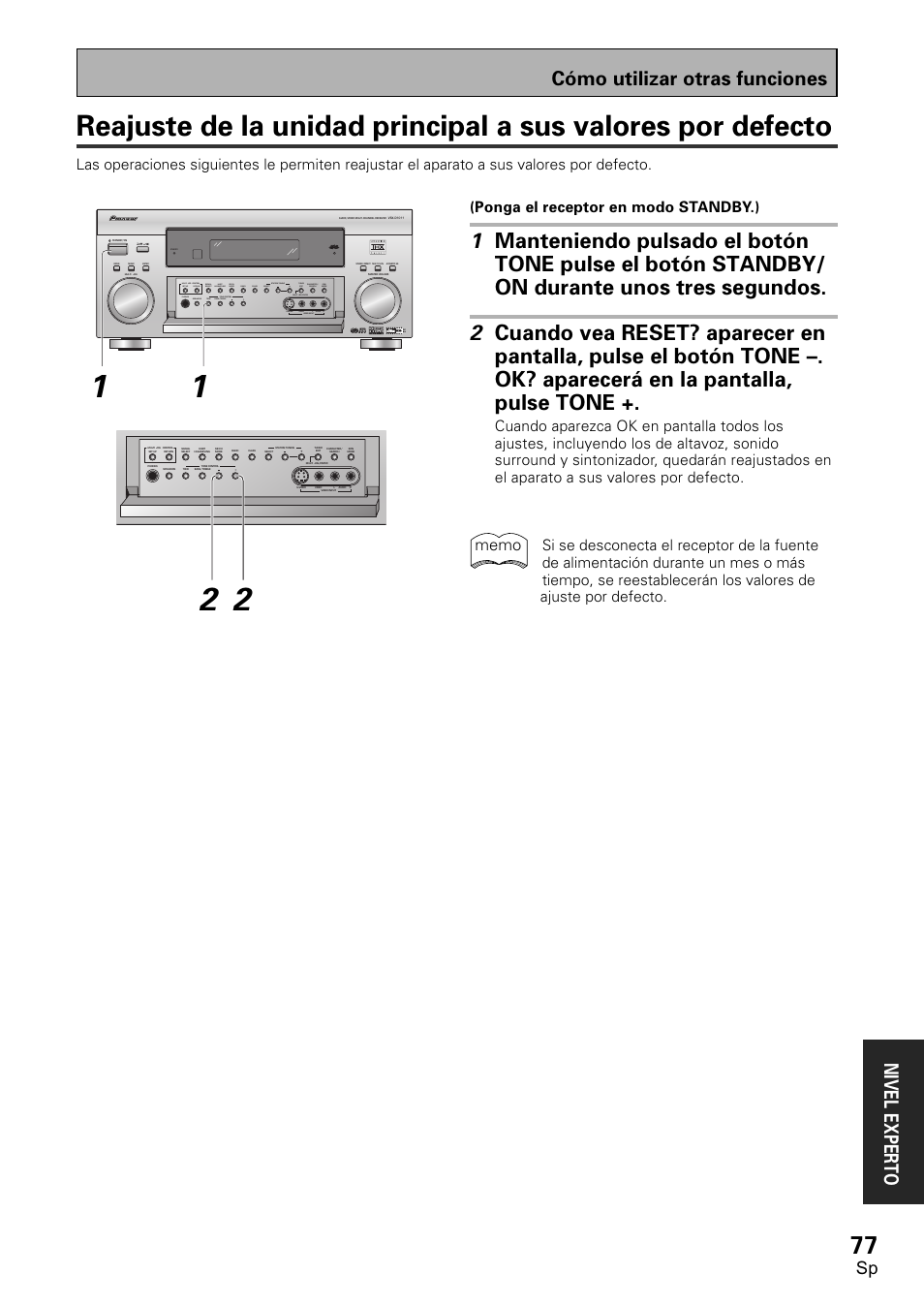 Reajuste de la unidad principal a sus valores por, Defecto, Cómo utilizar otras funciones nivel exper to | Pioneer VSX-D1011-S User Manual | Page 77 / 108