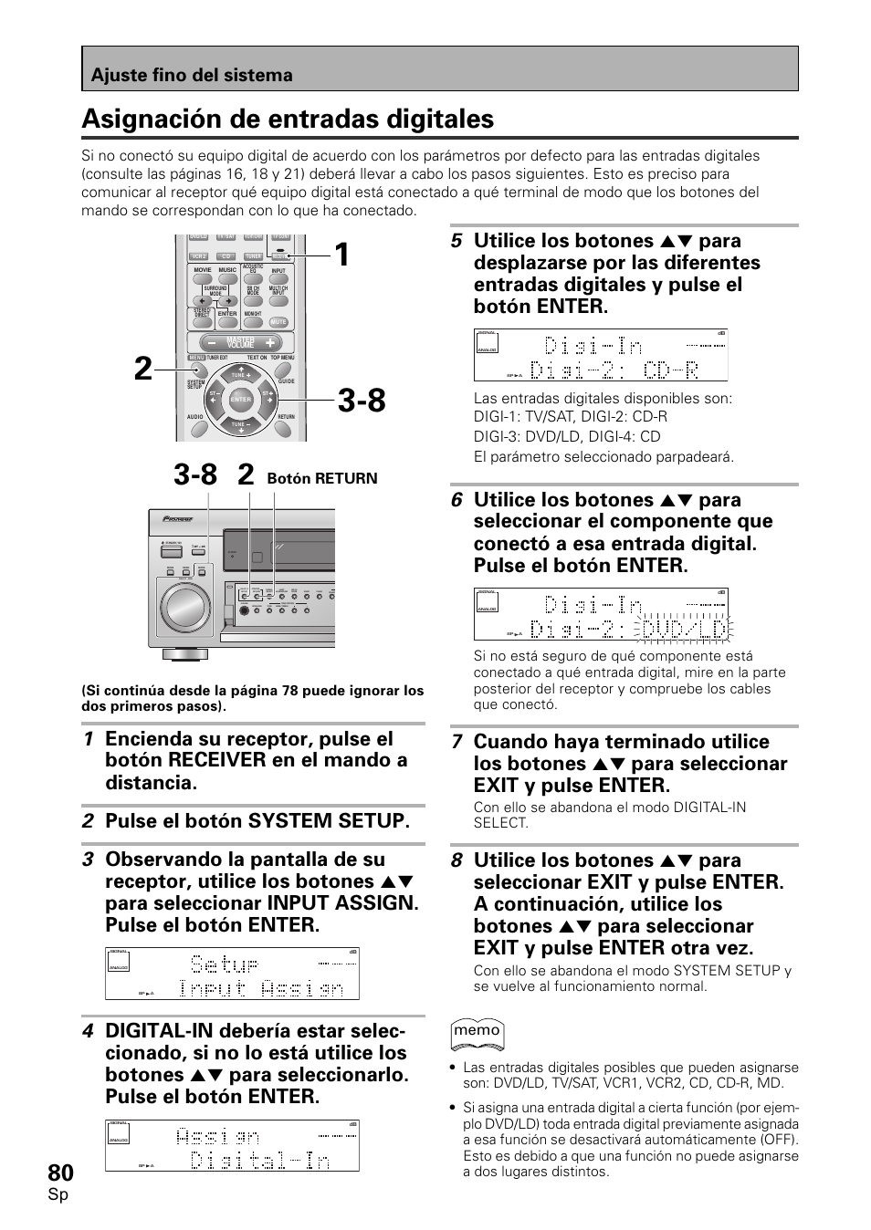 Asignación de entradas digitales, Ajuste fino del sistema, Botón return | Con ello se abandona el modo digital-in select | Pioneer VSX-D1011-S User Manual | Page 80 / 108