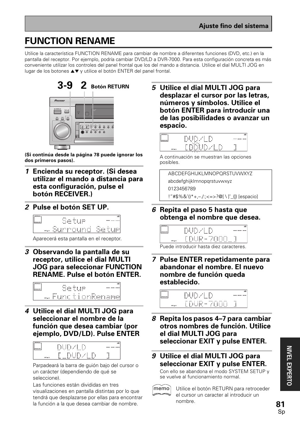 Function rename, Ajuste fino del sistema nivel exper to, Aparecerá esta pantalla en el receptor | Puede introducir hasta diez caracteres | Pioneer VSX-D1011-S User Manual | Page 81 / 108