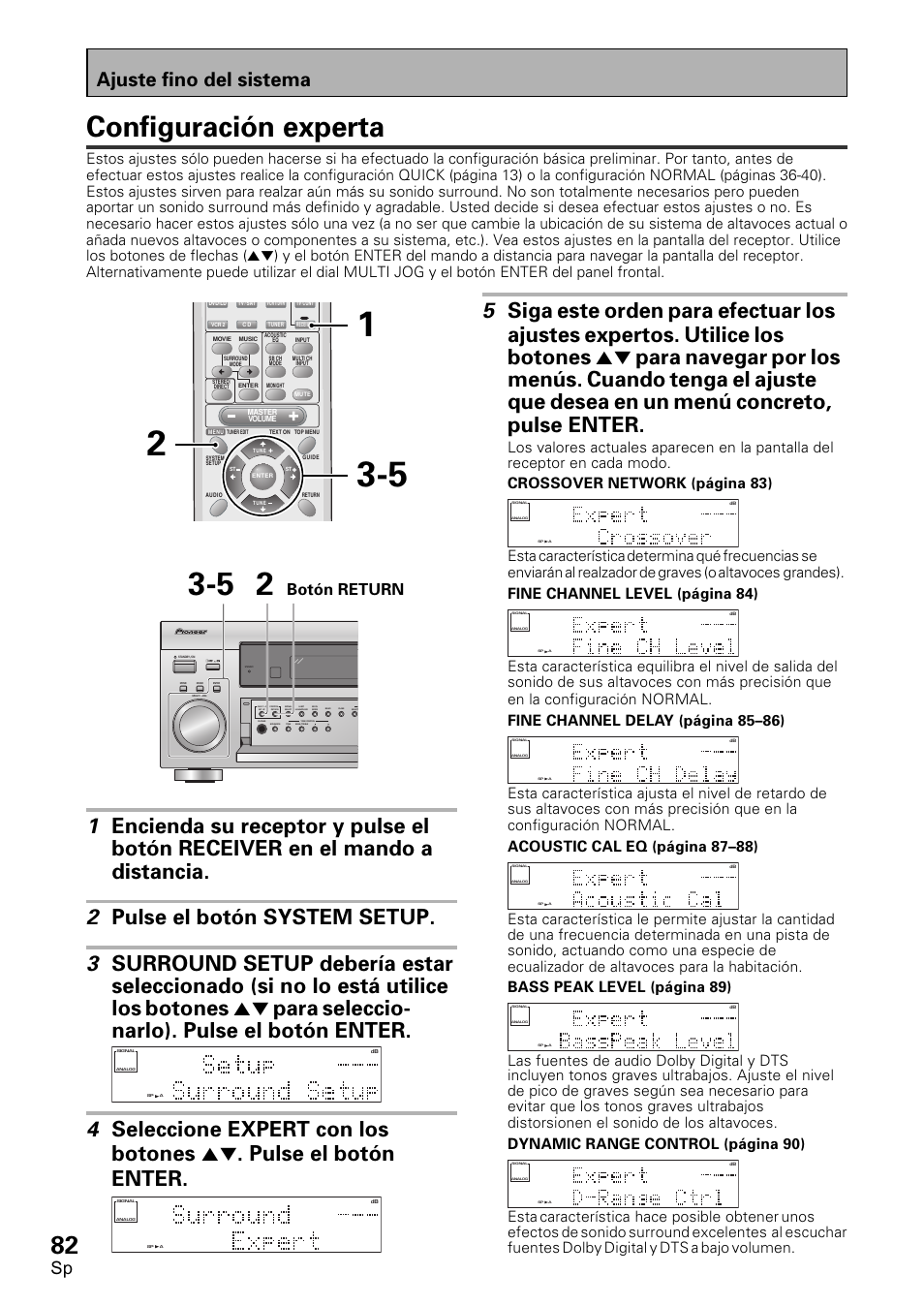 Configuración experta, Botones, Para | Seleccio- narlo). pulse el botón enter, Ajuste fino del sistema, Botón return | Pioneer VSX-D1011-S User Manual | Page 82 / 108