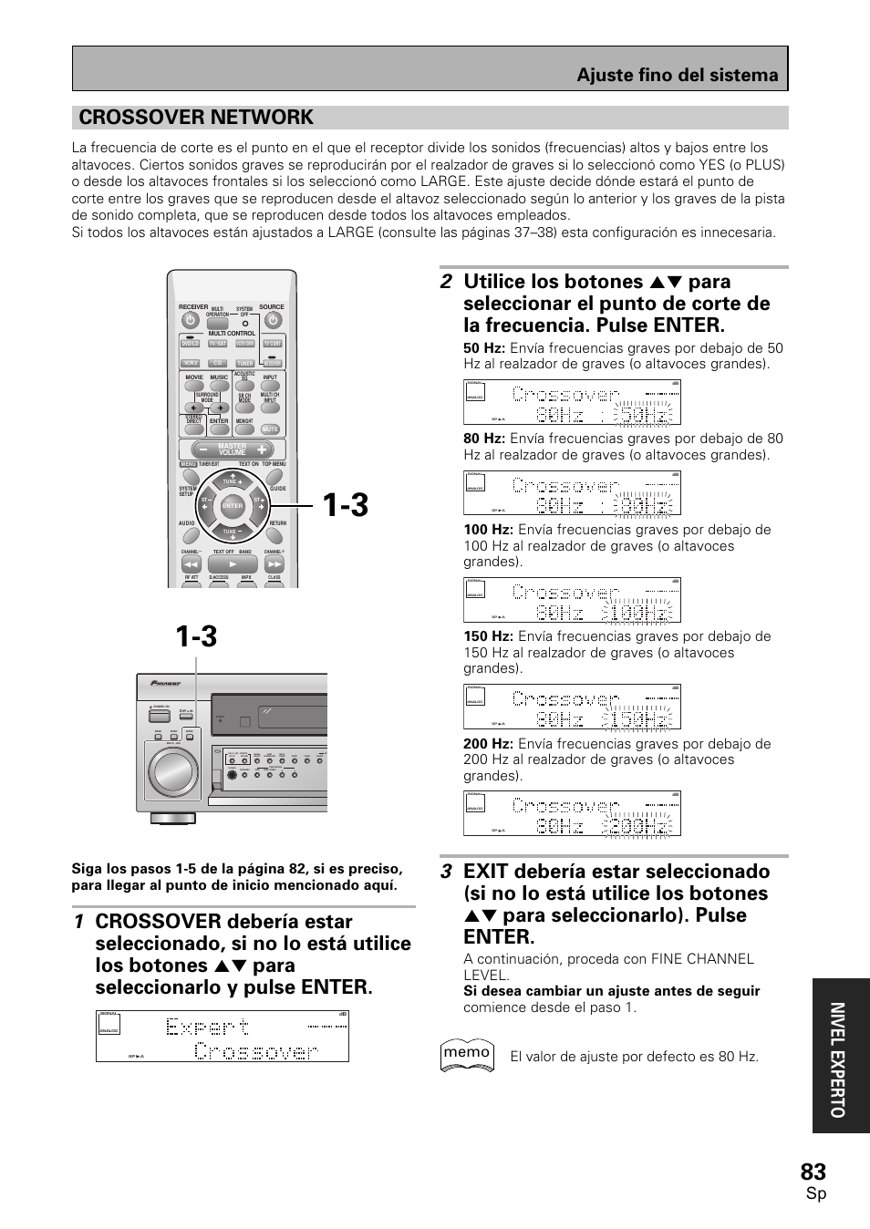 Crossover network, Ajuste fino del sistema nivel exper to, El valor de ajuste por defecto es 80 hz | Pioneer VSX-D1011-S User Manual | Page 83 / 108
