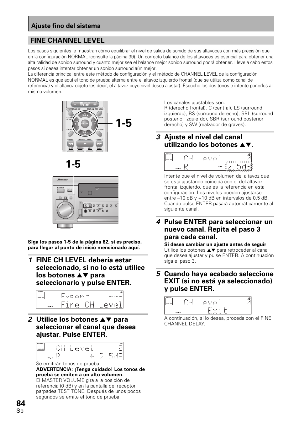 Fine channel level, Ajuste fino del sistema | Pioneer VSX-D1011-S User Manual | Page 84 / 108
