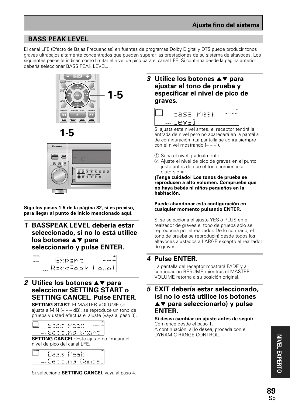 Bass peak level, 4 pulse enter, Ajuste fino del sistema nivel exper to | Si seleccionó setting cancel vaya al paso 4 | Pioneer VSX-D1011-S User Manual | Page 89 / 108