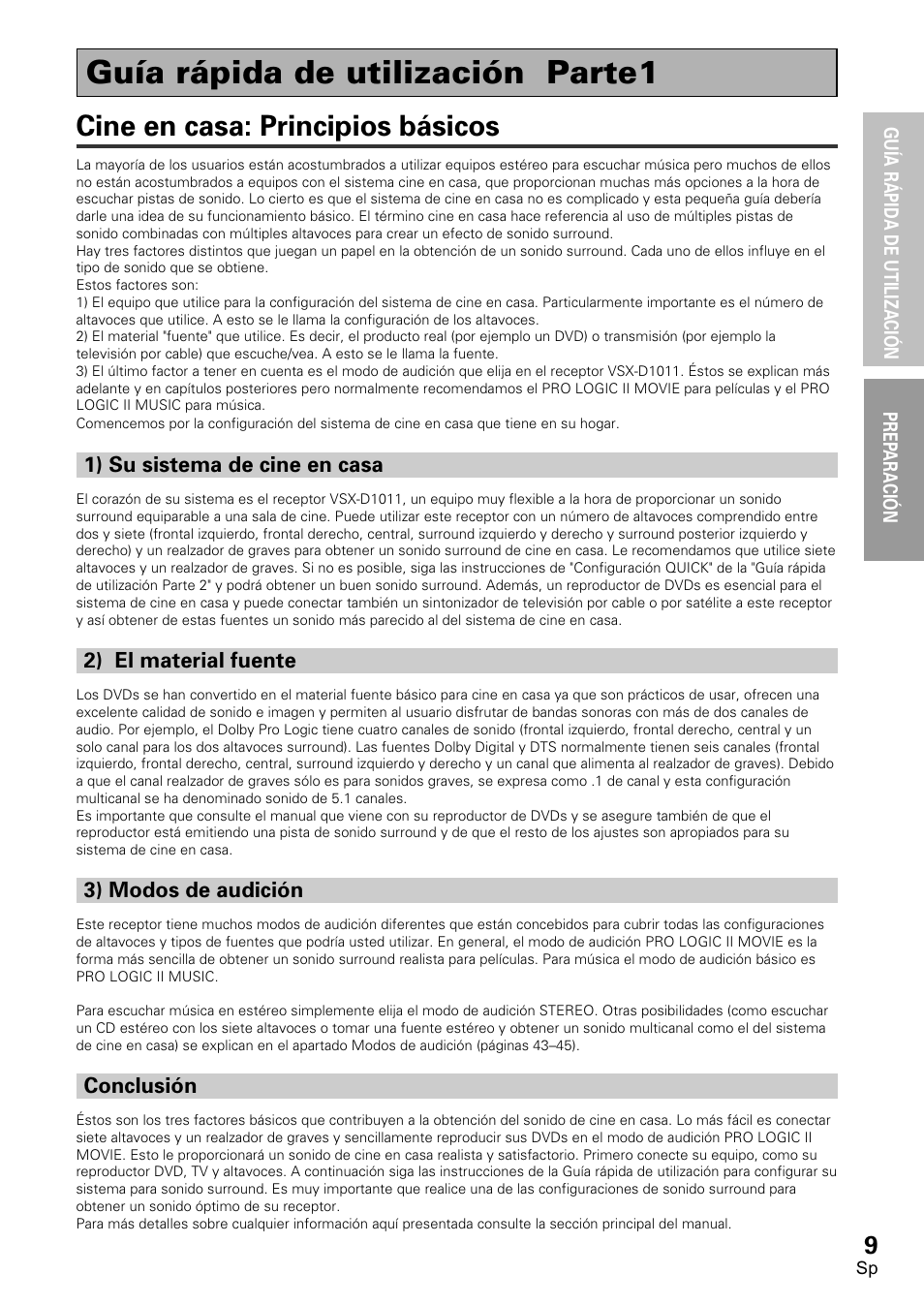Guía rápida de utilización parte 1, Cine en casa: principios básicos, Guía rápida de utilización parte1 | Pioneer VSX-D1011-S User Manual | Page 9 / 108