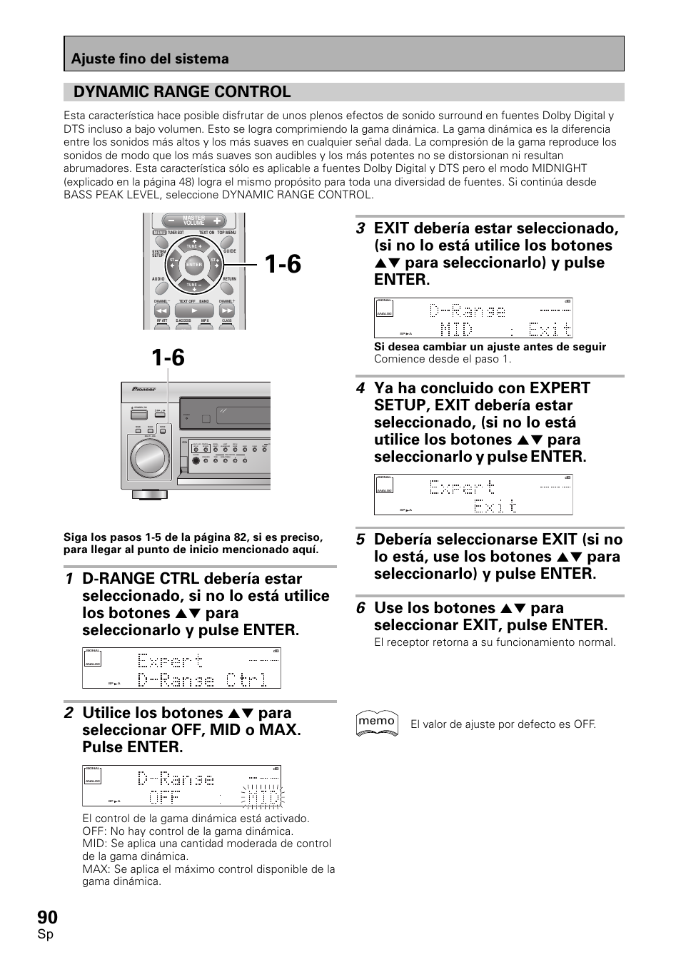 Dinamic range control, Dynamic range control, Pulse | Enter, Ajuste fino del sistema, El receptor retorna a su funcionamiento normal, El valor de ajuste por defecto es off | Pioneer VSX-D1011-S User Manual | Page 90 / 108