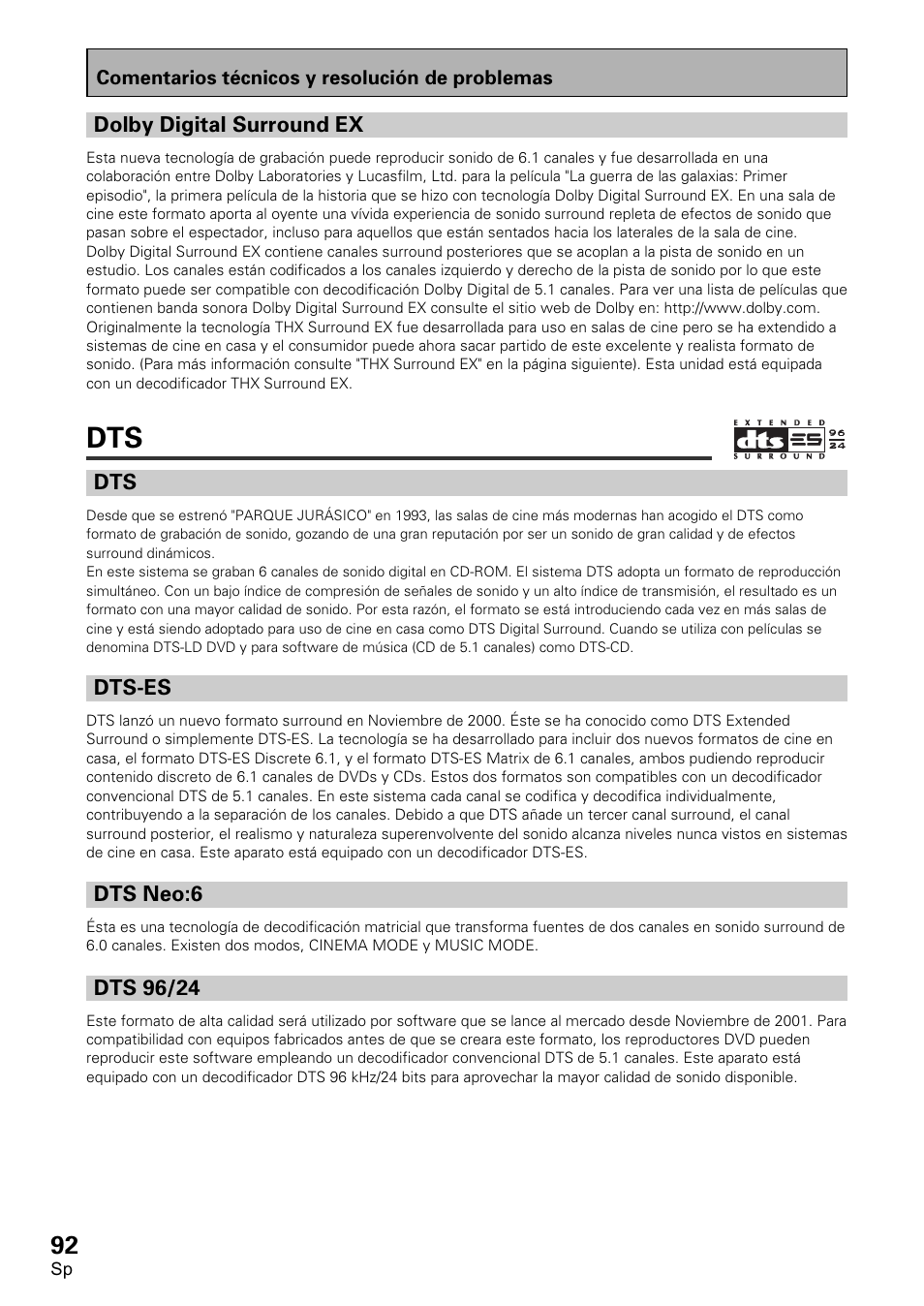Dolby digital surround ex, Dts-es, Dts neo:6 dts 96/24 | Pioneer VSX-D1011-S User Manual | Page 92 / 108