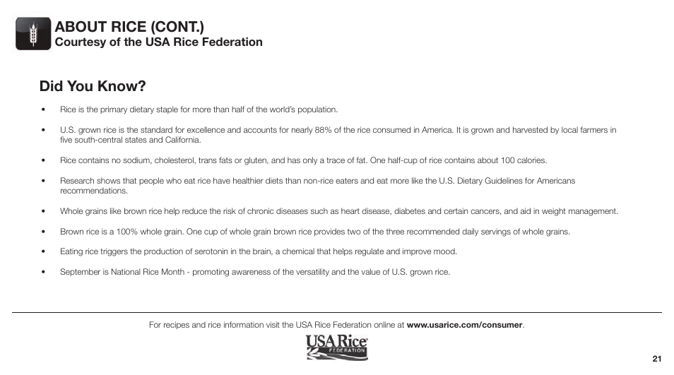 Did you know, About rice (cont.), Courtesy of the usa rice federation | Aroma ARC-747-1NGR User Manual | Page 23 / 27