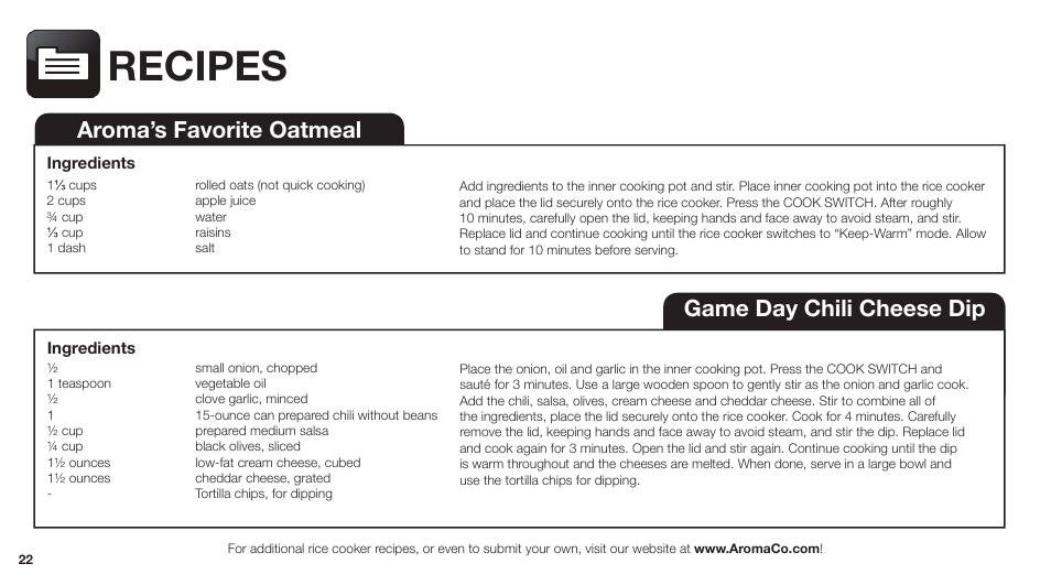 Recipes, Game day chili cheese dip, Aroma’s favorite oatmeal | Aroma ARC-747-1NGR User Manual | Page 24 / 27
