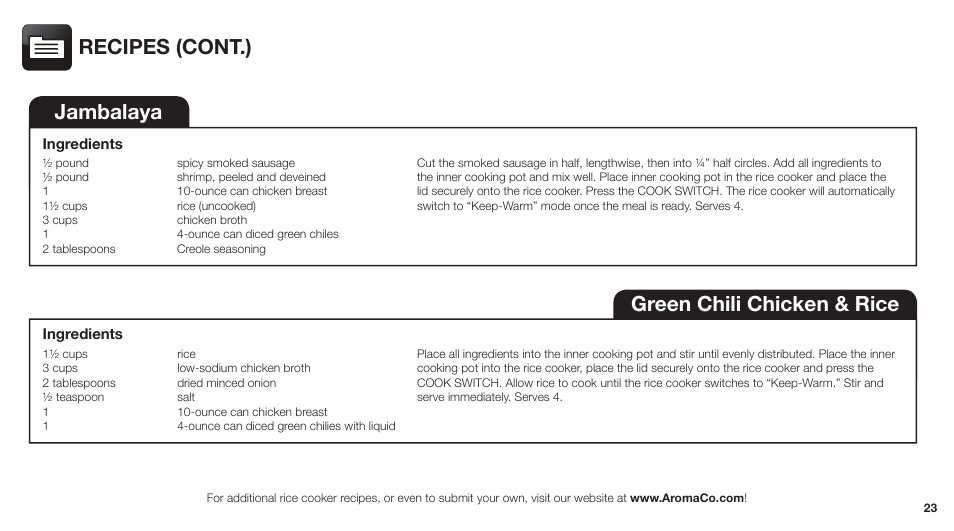 Jambalaya, Green chili chicken & rice, Recipes (cont.) | Aroma ARC-747-1NGR User Manual | Page 25 / 27