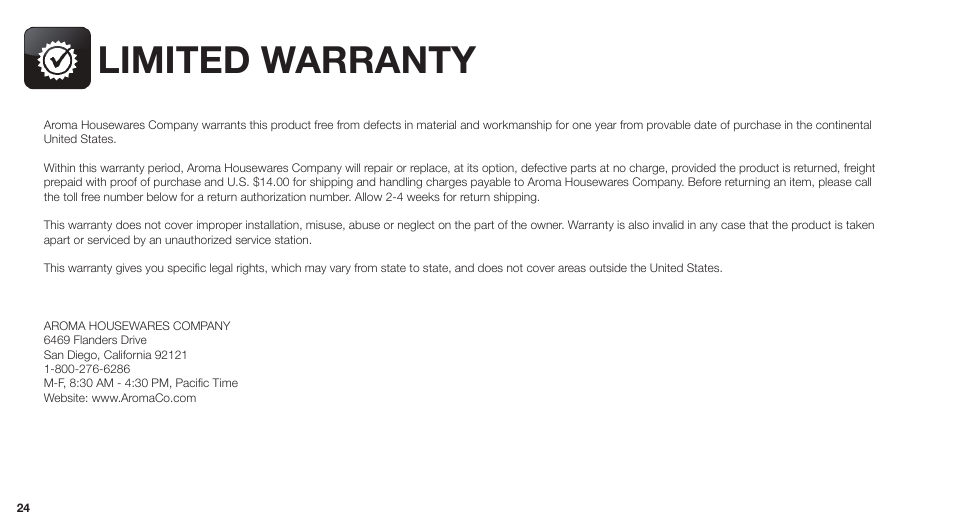 Limited warranty | Aroma ARC-747-1NGR User Manual | Page 26 / 27