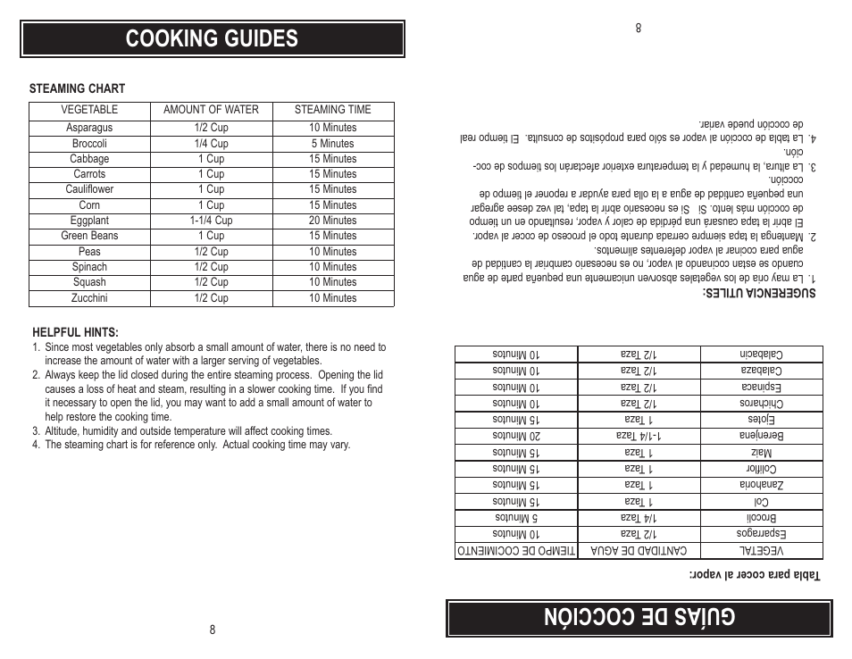 Cooking guides, Guí as de coc ció n | Aroma ARC-703-G User Manual | Page 10 / 12