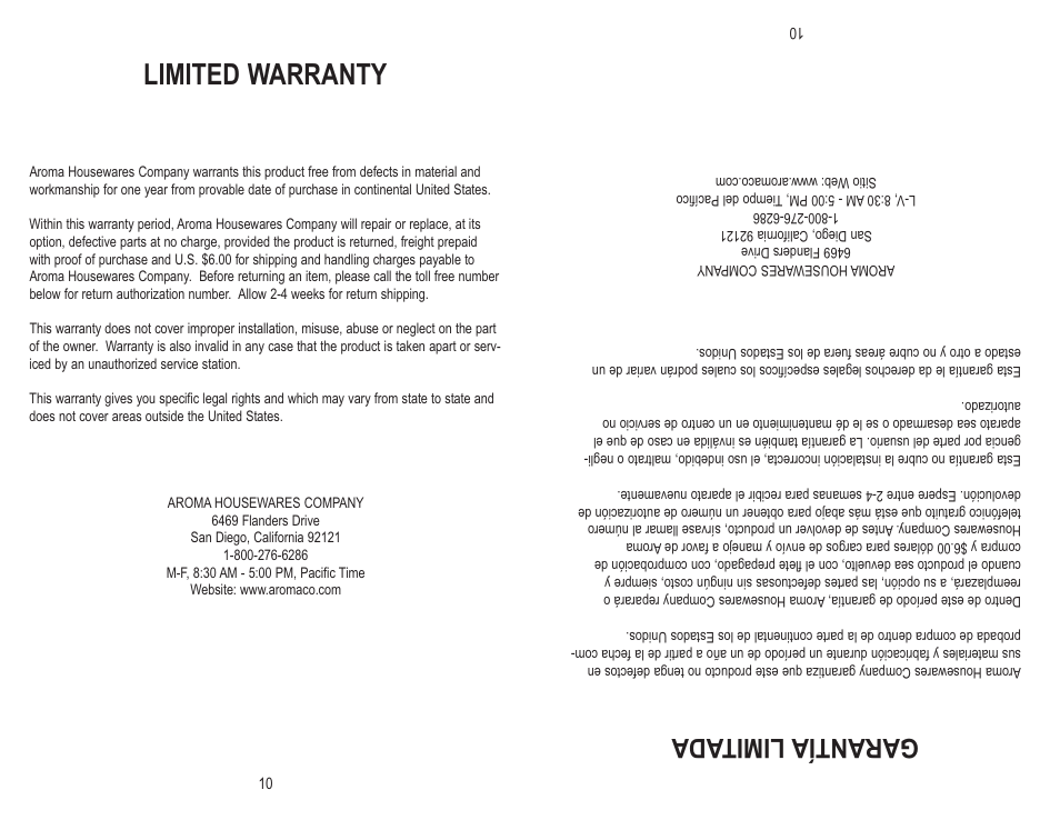 Limited warranty, Gar ant ía lim ita da | Aroma ARC-703-G User Manual | Page 12 / 12