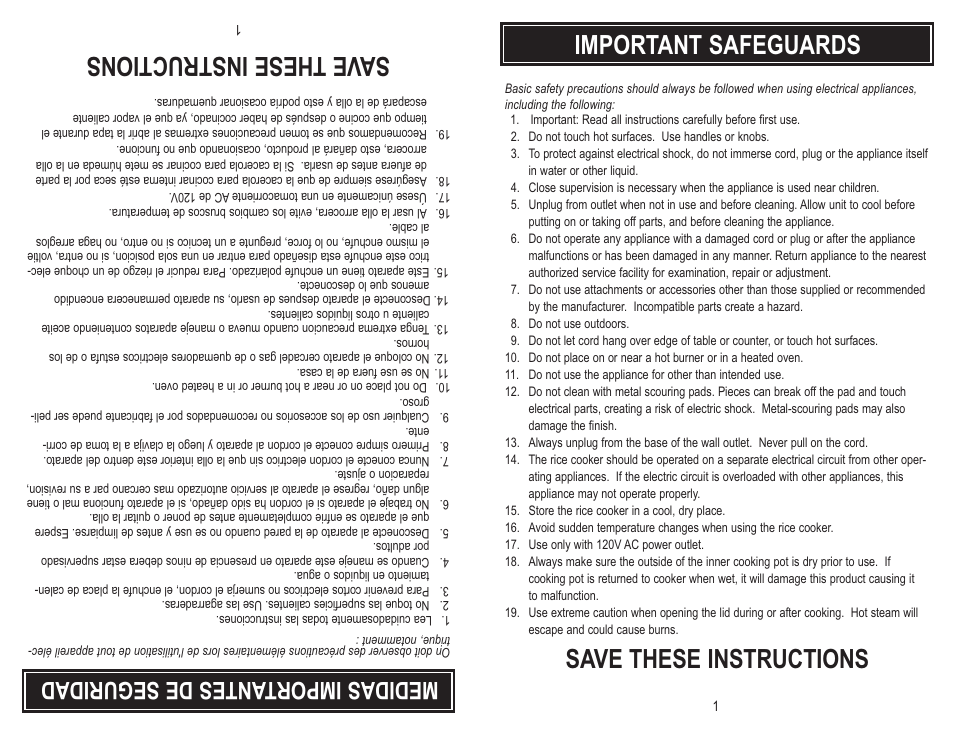 Important safeguards, Save these instructions, Sav et hes ein str uct ion s | Med ida sim por tan tes de seg uri dad | Aroma ARC-703-G User Manual | Page 3 / 12