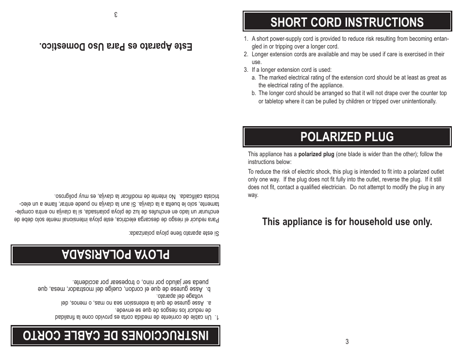 Short cord instructions, Polarized plug, Ins tru cci one sd ec abl ec ort o | Plo ya pol ari sad a, This appliance is for household use only, Este apa rato esp ara uso dom esti co | Aroma ARC-703-G User Manual | Page 5 / 12