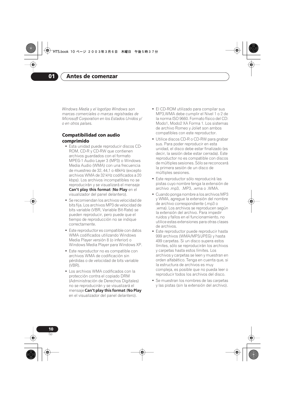 Compatibilidad con audio comprimido, Antes de comenzar 01 | Pioneer DCS-313 User Manual | Page 10 / 92