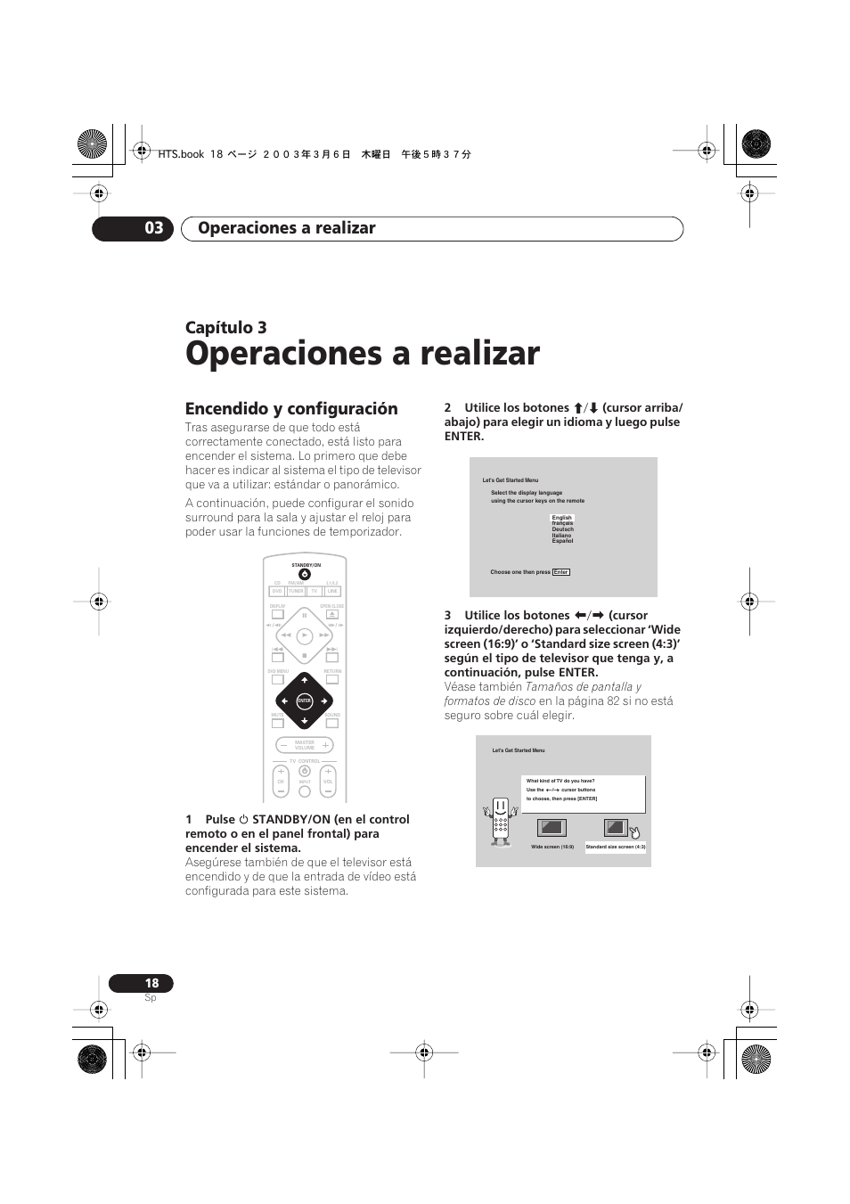 Encendido y configuración, Operaciones a realizar, Operaciones a realizar 03 | Capítulo | Pioneer DCS-313 User Manual | Page 18 / 92