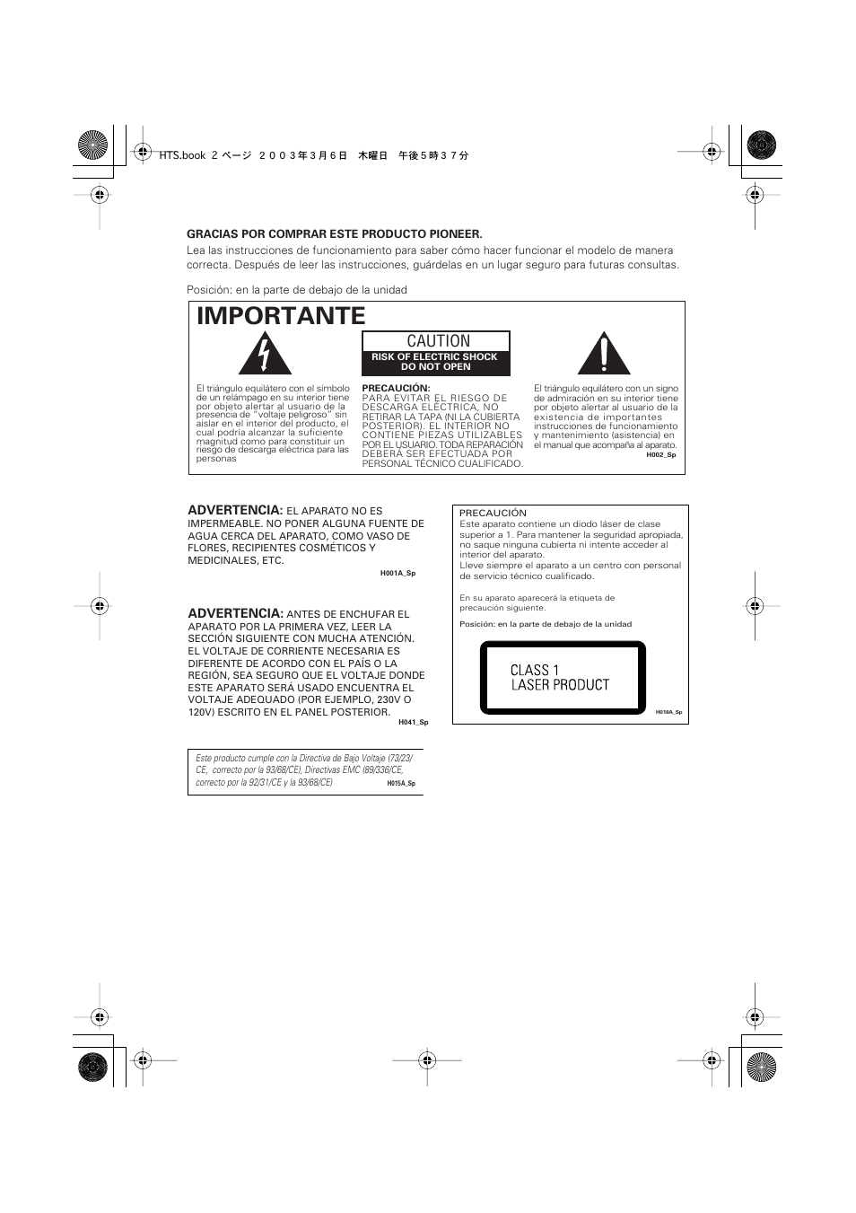 Importante, Caution | Pioneer DCS-313 User Manual | Page 2 / 92