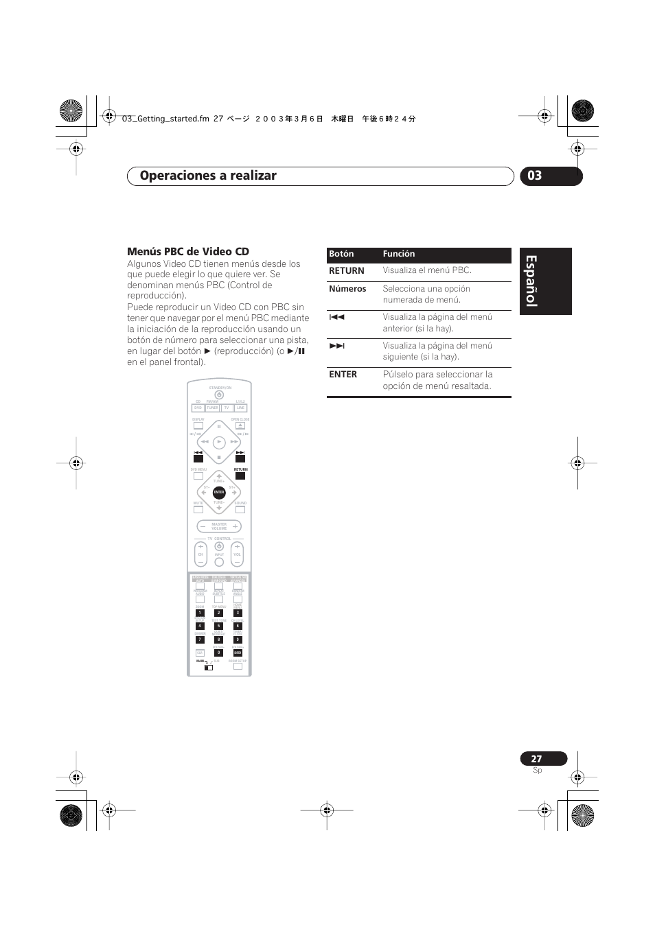 Menús pbc de video cd, Español, Italiano français | Nederlands, Español deutsch, Operaciones a realizar 03, Reproducción) (o, En el panel frontal), Return, Enter | Pioneer DCS-313 User Manual | Page 27 / 92