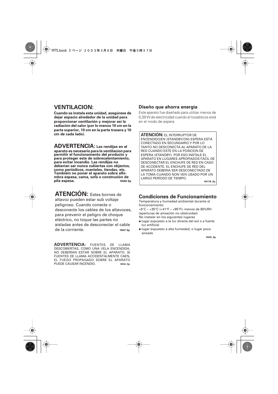 Atención, Ventilacion, Advertencia | Condiciones de funcionamiento | Pioneer DCS-313 User Manual | Page 3 / 92