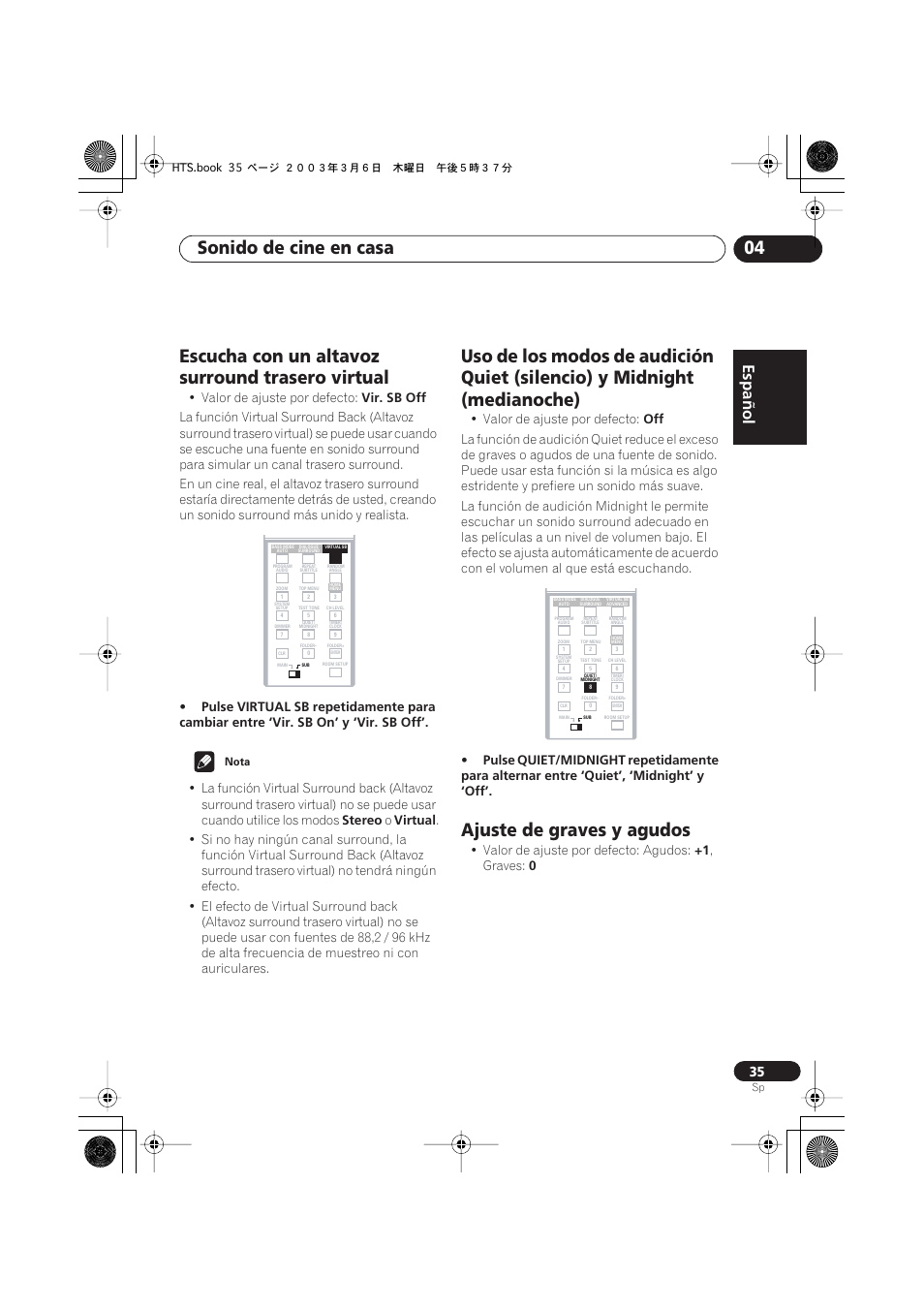 Escucha con un altavoz surround trasero virtual, Ajuste de graves y agudos, Italiano français | Nederlands, Español deutsch, Sonido de cine en casa 04, Español, Valor de ajuste por defecto, Vir. sb off, Stereo | Pioneer DCS-313 User Manual | Page 35 / 92