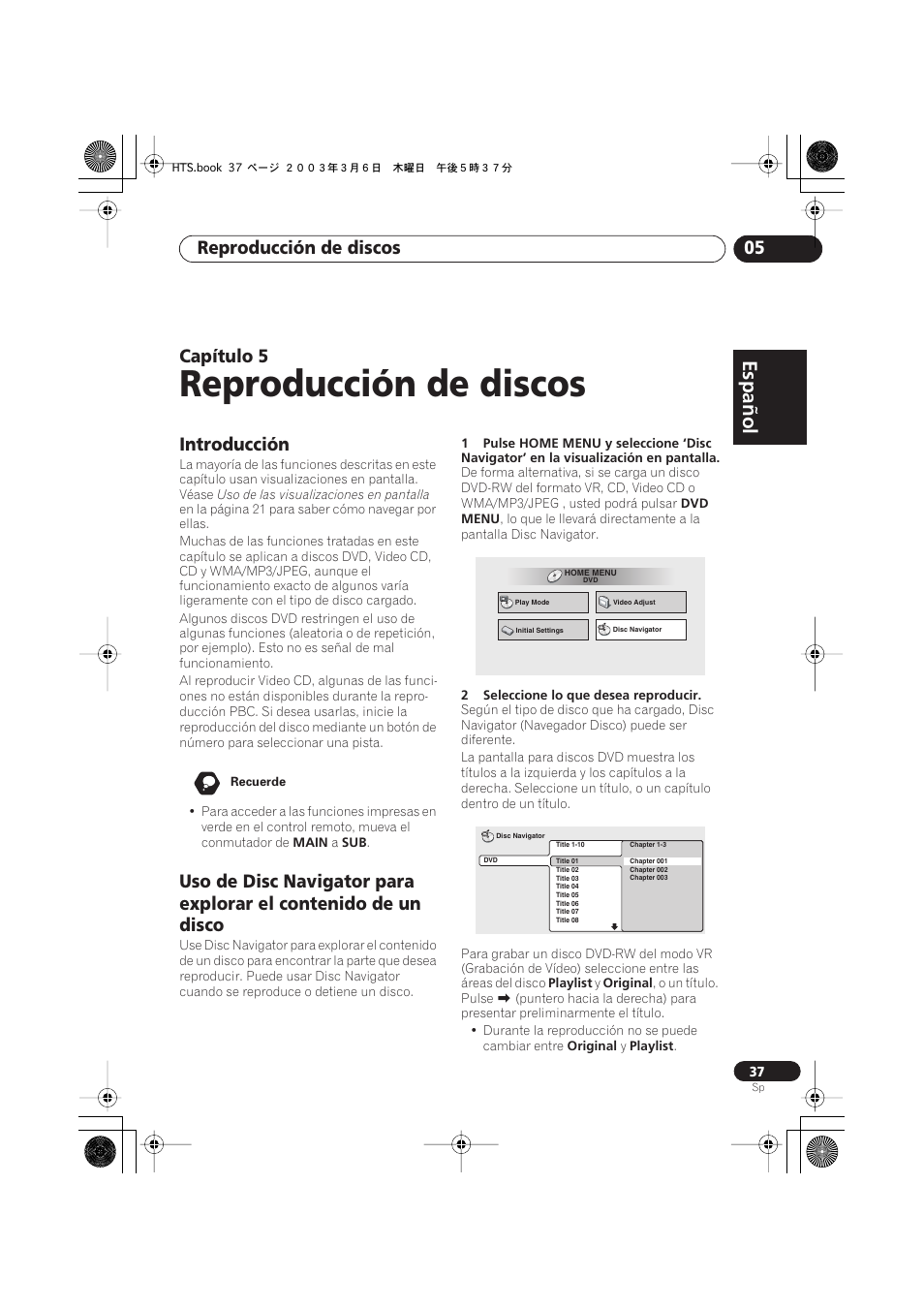 Introducción, Reproducción de discos, Español | Italiano français, Nederlands, Español deutsch, Reproducción de discos 05, Capítulo | Pioneer DCS-313 User Manual | Page 37 / 92