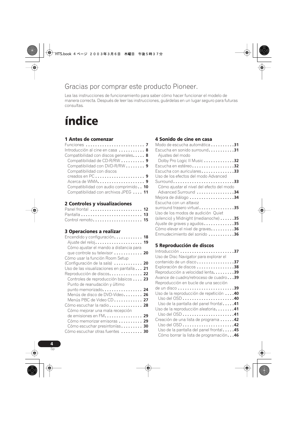 Receptor y reproductor de dvd/cd, Xv-dv313, Sistema de altavoces | S-dv313, Manual de instrucciones, Índice, Gracias por comprar este producto pioneer | Pioneer DCS-313 User Manual | Page 4 / 92