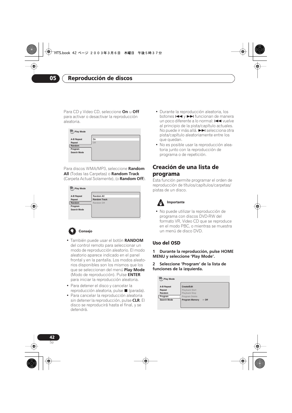 Creación de una lista de programa, Uso del osd, Reproducción de discos 05 | Pioneer DCS-313 User Manual | Page 42 / 92
