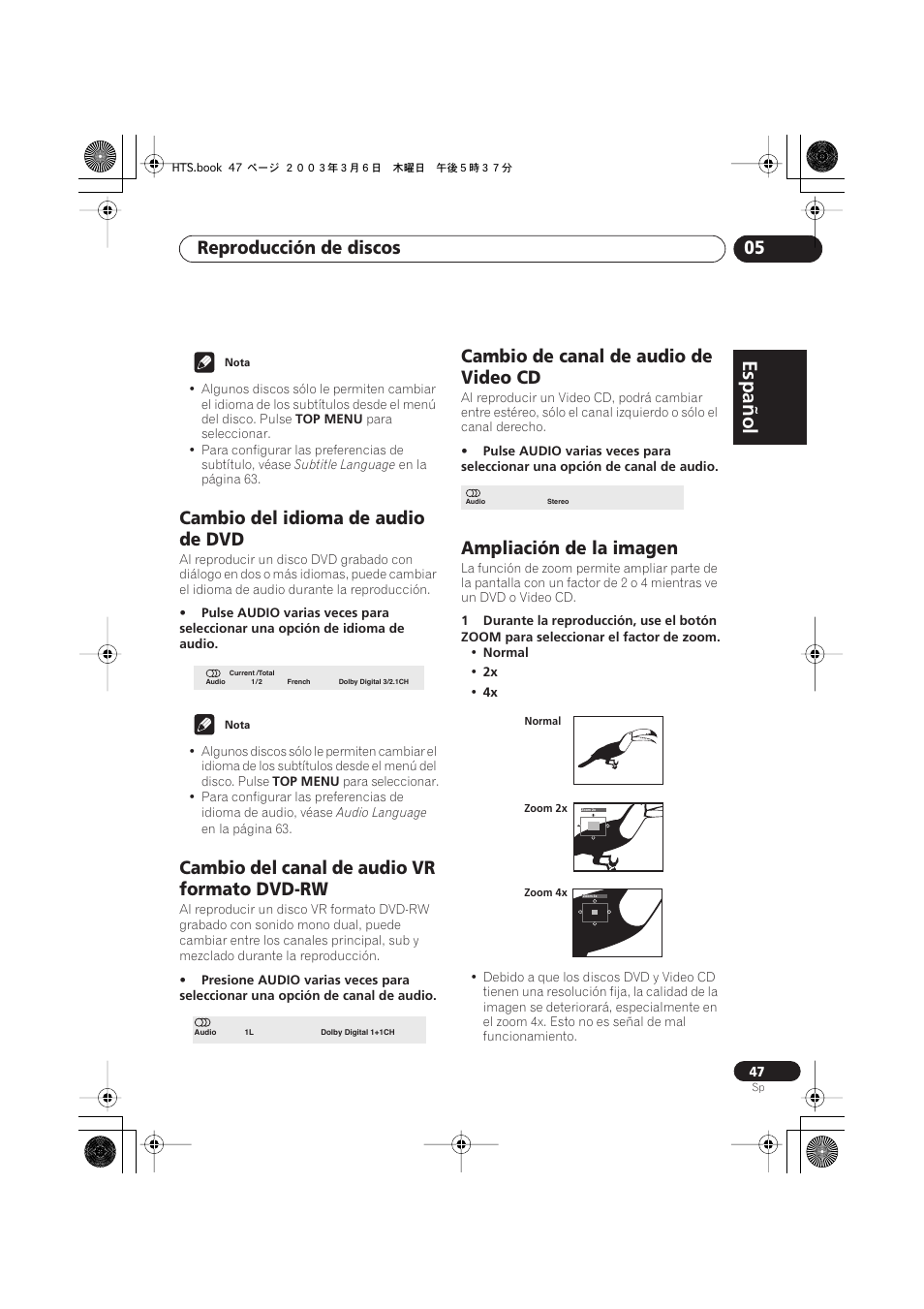 Cambio del idioma de audio de dvd, Cambio del canal de audio vr formato dvd-rw, Cambio de canal de audio de video cd | Ampliación de la imagen, Español, Italiano français, Nederlands, Español deutsch, Reproducción de discos 05 | Pioneer DCS-313 User Manual | Page 47 / 92
