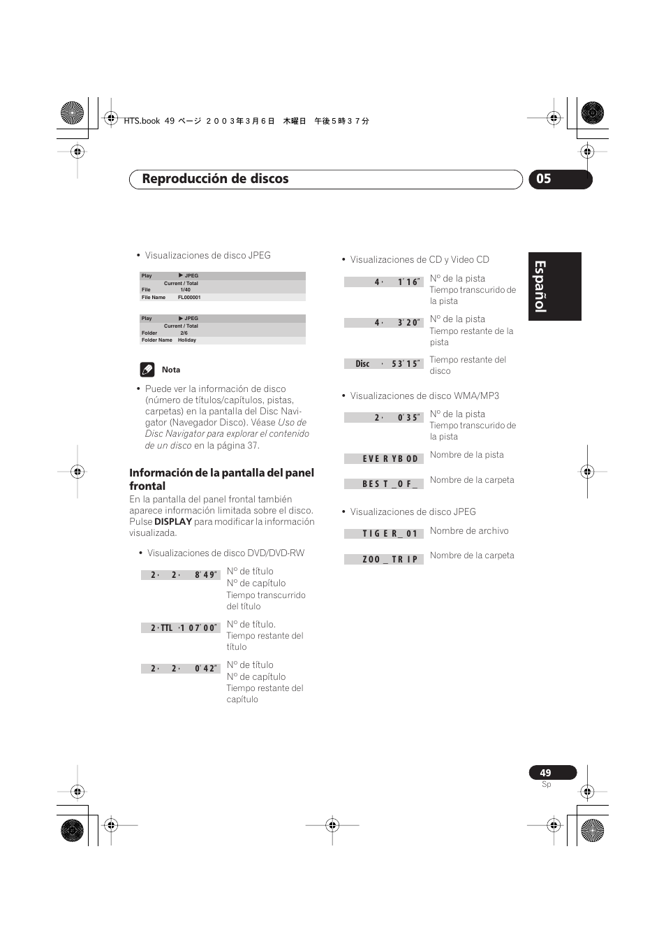 Información de la pantalla del panel frontal, Español, Italiano français | Nederlands, Español deutsch, Reproducción de discos 05 | Pioneer DCS-313 User Manual | Page 49 / 92