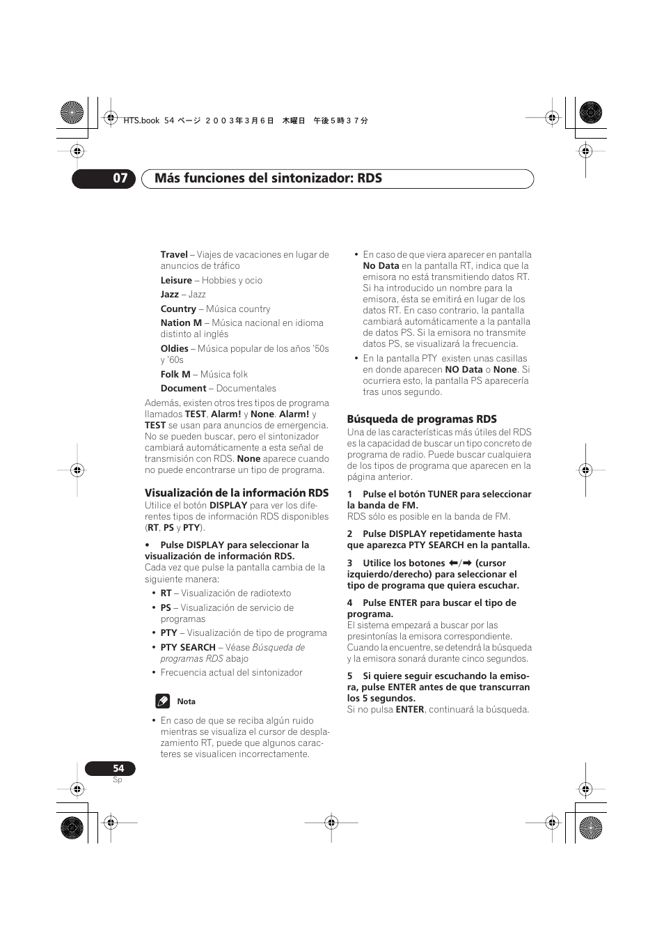 Visualización de la información rds, Búsqueda de programas rds, Más funciones del sintonizador: rds 07 | Pioneer DCS-313 User Manual | Page 54 / 92