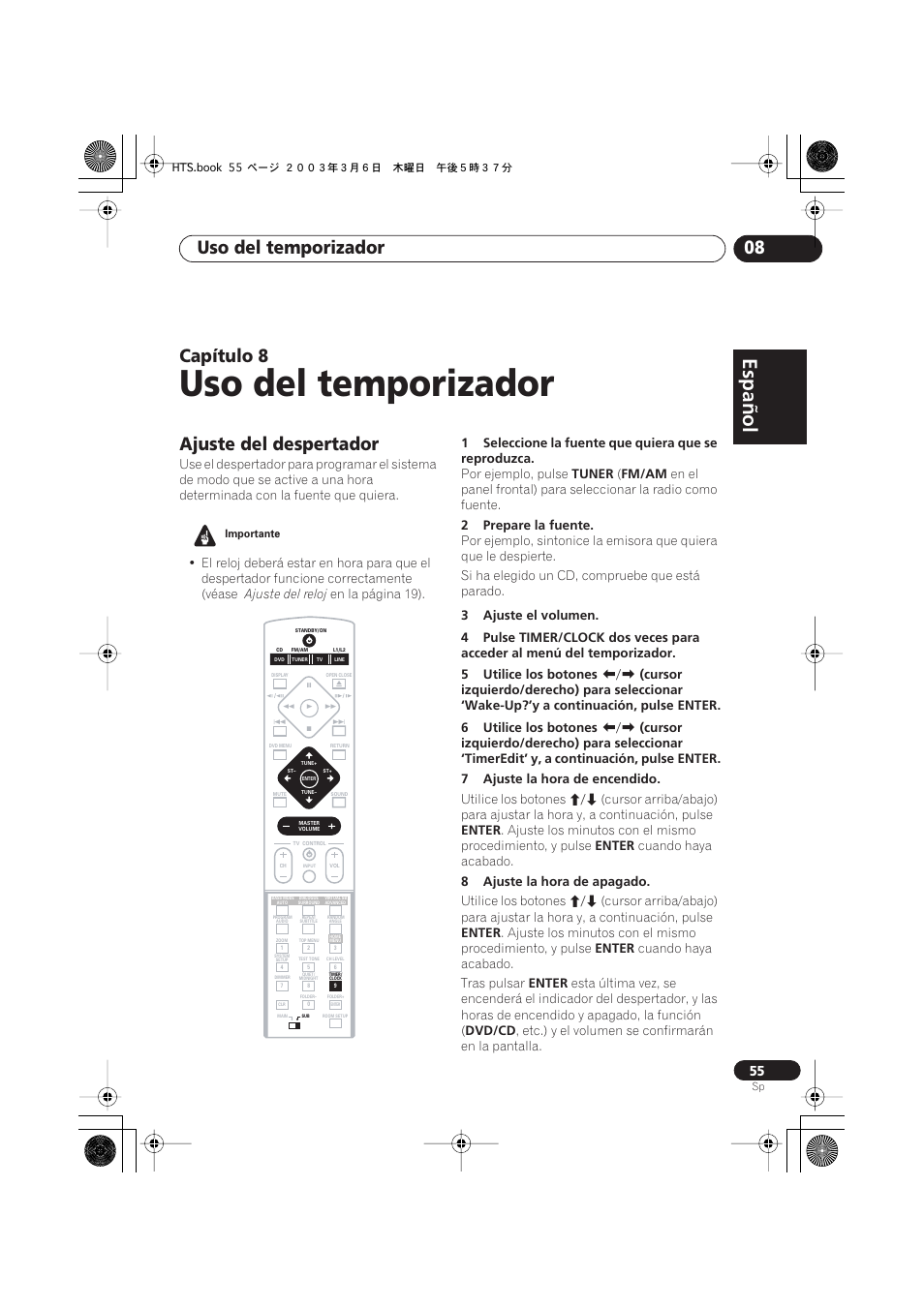 Ajuste del despertador, Uso del temporizador, Español | Italiano français, Nederlands, Español deutsch, Uso del temporizador 08, Capítulo | Pioneer DCS-313 User Manual | Page 55 / 92