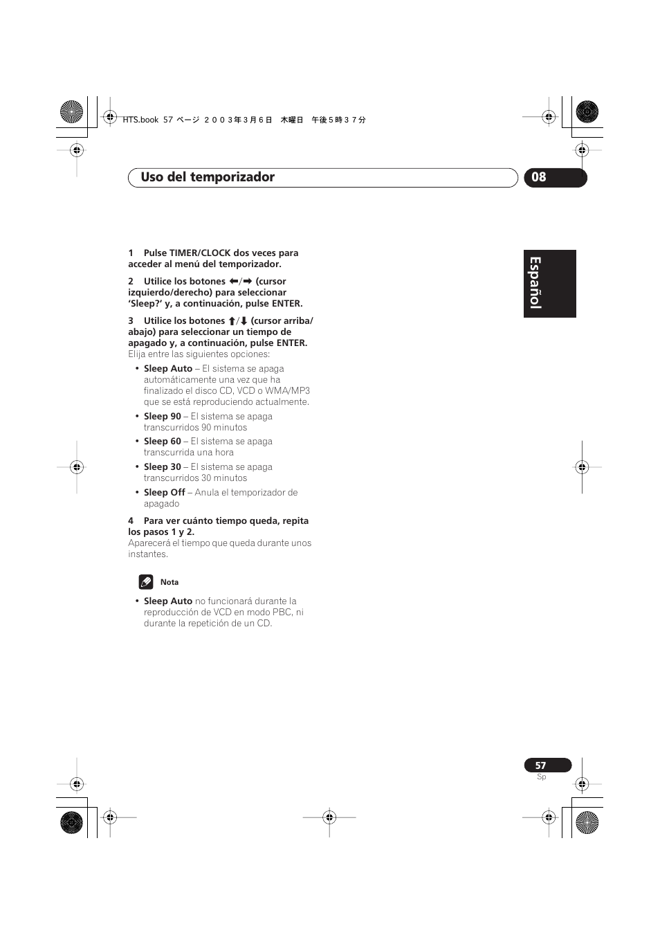 Español, Italiano français, Nederlands | Español deutsch, Uso del temporizador 08 | Pioneer DCS-313 User Manual | Page 57 / 92
