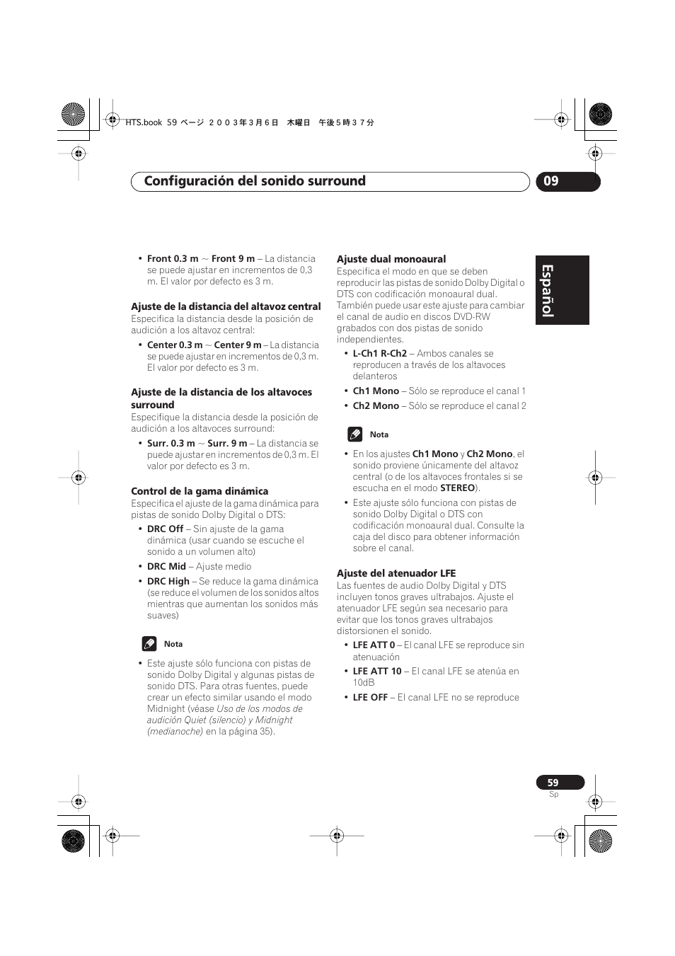 Español, Italiano français, Nederlands | Español deutsch, Configuración del sonido surround 09 | Pioneer DCS-313 User Manual | Page 59 / 92