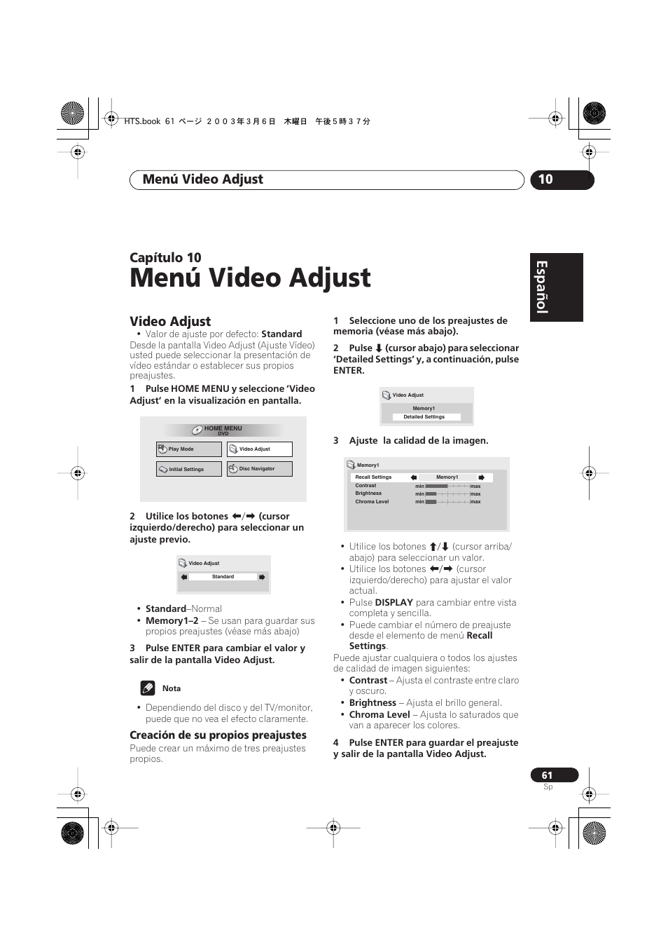 Video adjust, Creación de su propios preajustes, Menú video adjust | Español, Italiano français, Nederlands, Español deutsch, Menú video adjust 10, Capítulo | Pioneer DCS-313 User Manual | Page 61 / 92