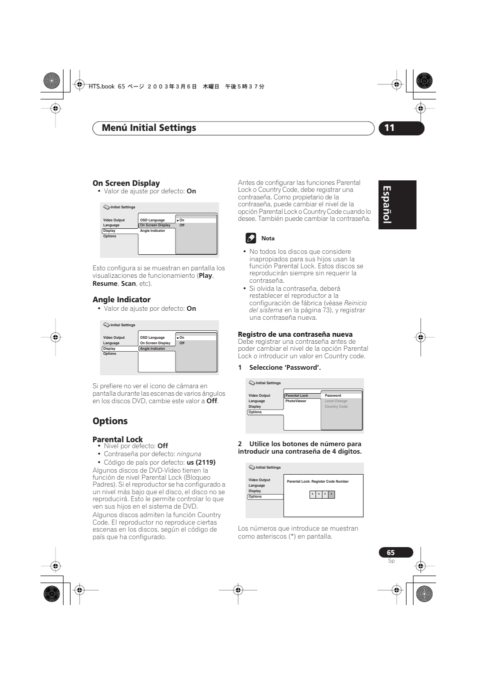 On screen display, Angle indicator, Options | Parental lock, Español, Italiano français, Nederlands, Español deutsch, Menú initial settings 11 | Pioneer DCS-313 User Manual | Page 65 / 92