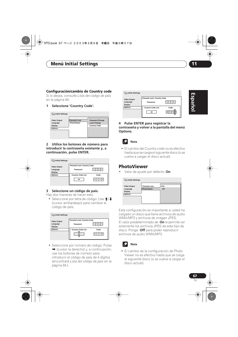 Photoviewer, Español, Italiano français | Nederlands, Español deutsch, Menú initial settings 11 | Pioneer DCS-313 User Manual | Page 67 / 92