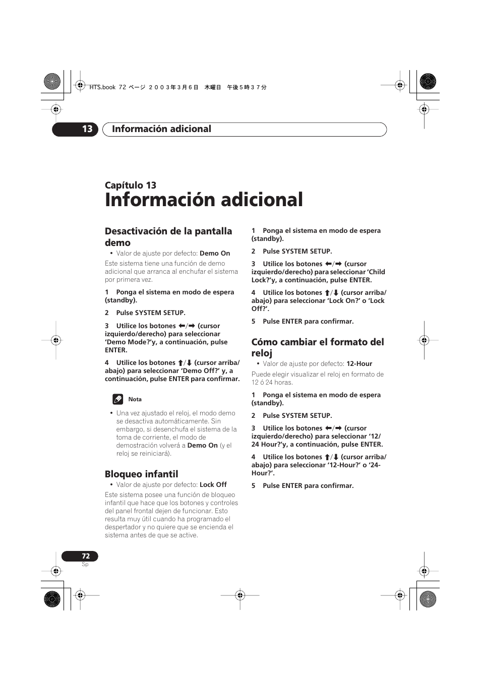Desactivación de la pantalla demo, Bloqueo infantil, Cómo cambiar el formato del reloj | Información adicional, Información adicional 13, Capítulo | Pioneer DCS-313 User Manual | Page 72 / 92