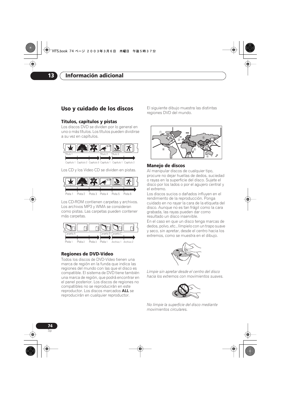 Uso y cuidado de los discos, Títulos, capítulos y pistas, Regiones de dvd-vídeo | Manejo de discos, Información adicional 13 | Pioneer DCS-313 User Manual | Page 74 / 92